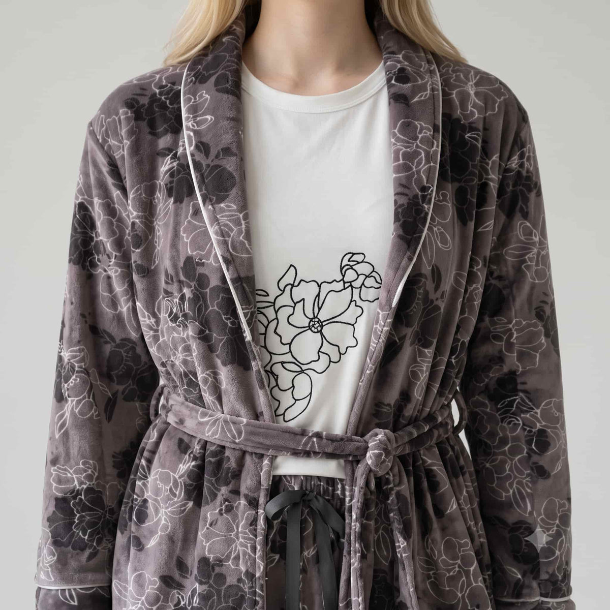 Midnight Petals Women Winter Full Sleeves Pajama Set – Charcoal Grey