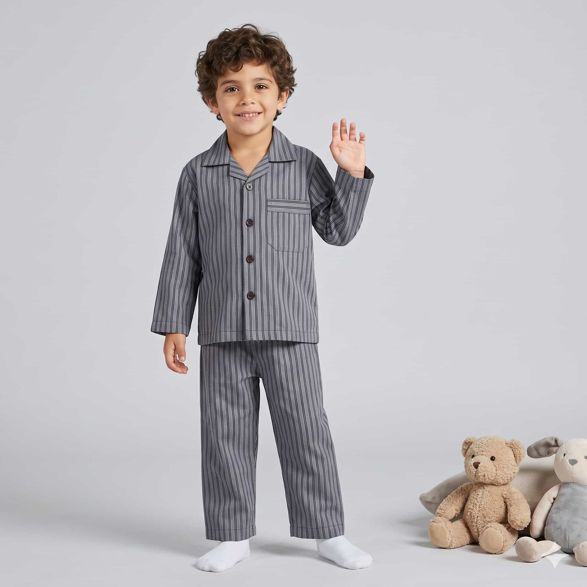 Shadow Pinstripe Boys Full Sleeves Pajama Set - Charcoal Grey