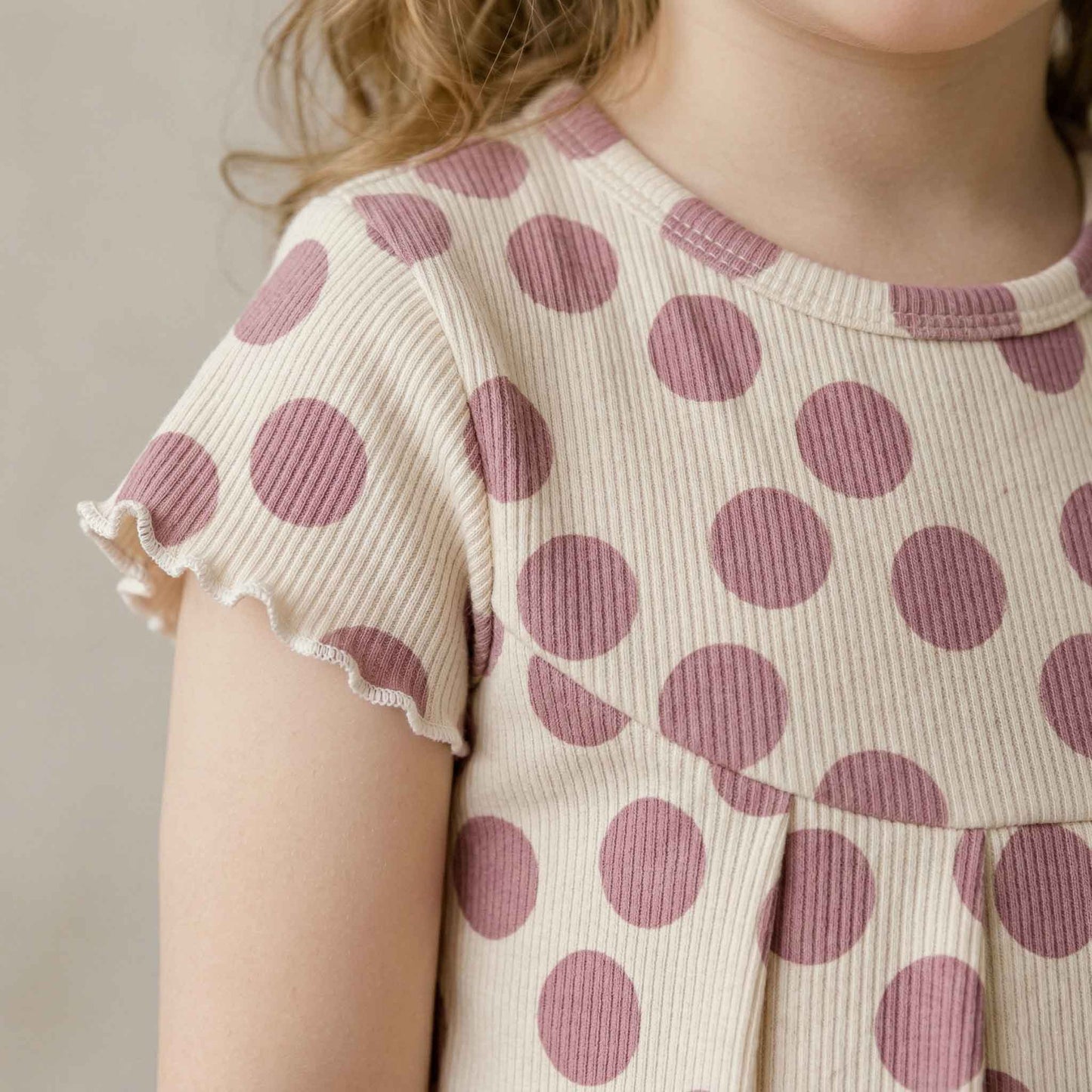 Polka Dots Girls Short Sleeves Pajama Set - Beige & Purple