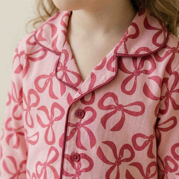 Red Bows Girls Button Pajama Set - Pink