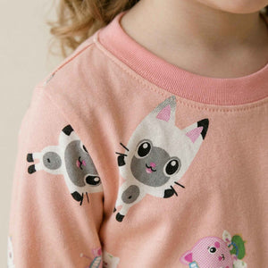 Cat Purr Girls Full Sleeves Pajama Set - Peach