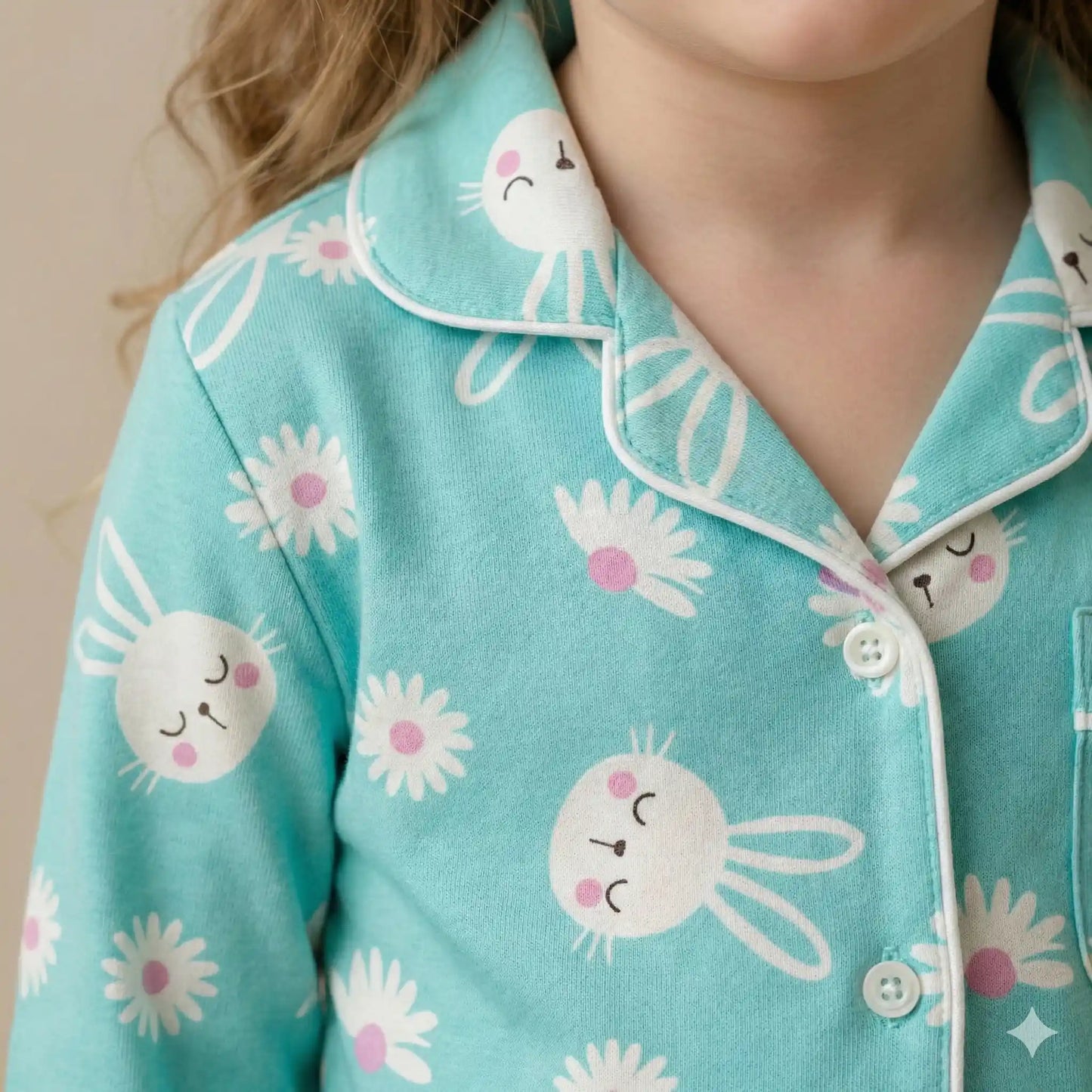 Cute Bunny Girls Button Pajama Set- Blue