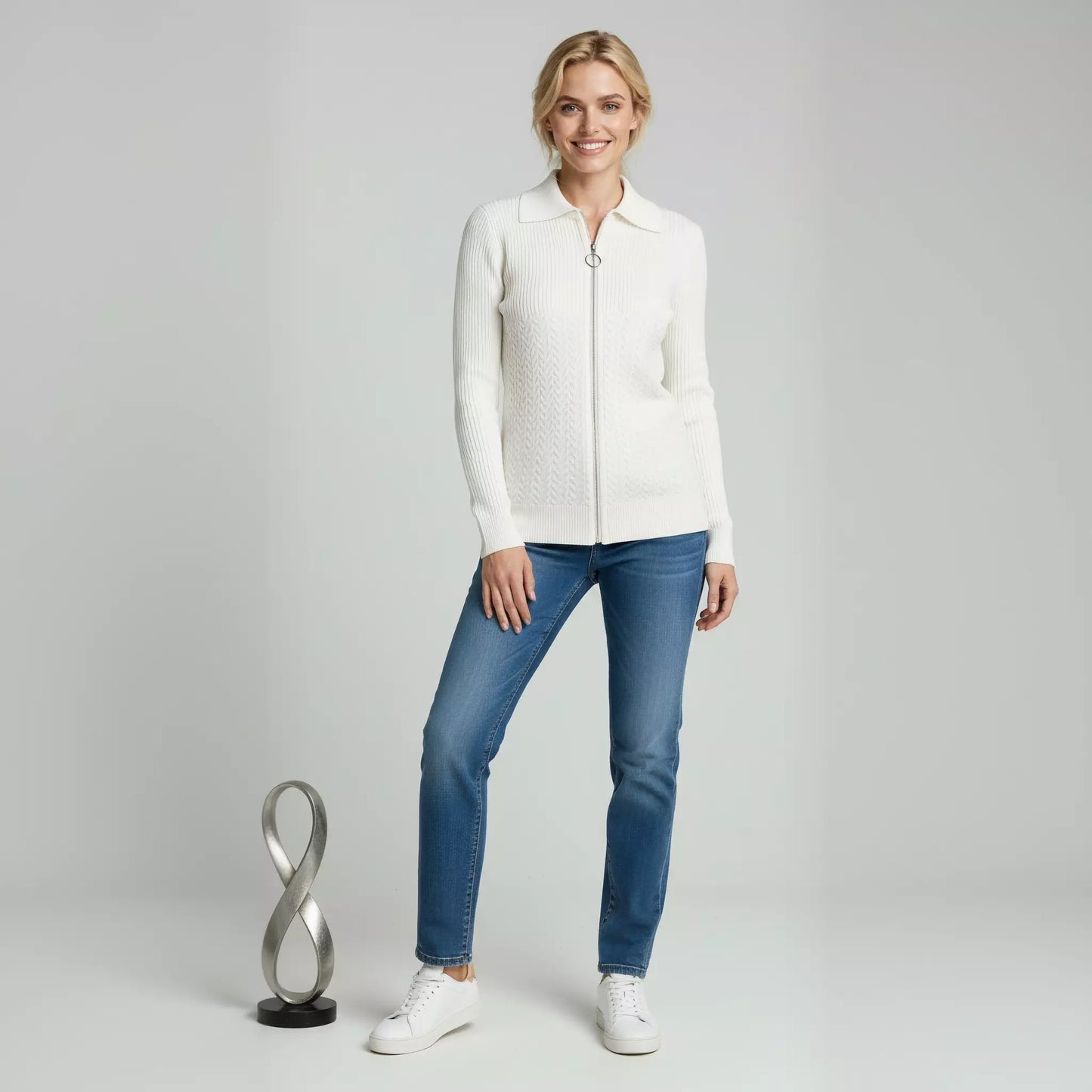 Knitted Zip Women Sweater- White