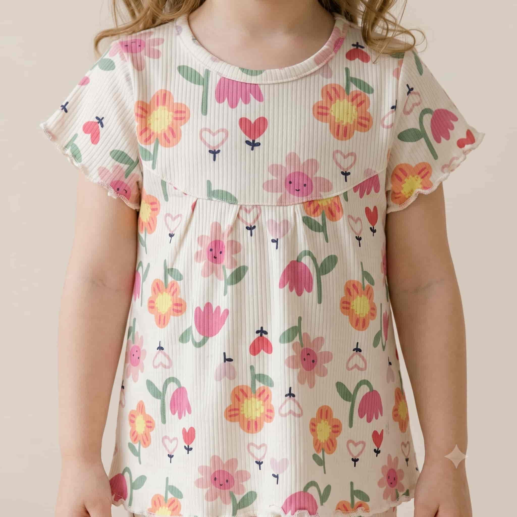 Whimsical Bloom Girls Half Sleeves Pajama Set - Cream