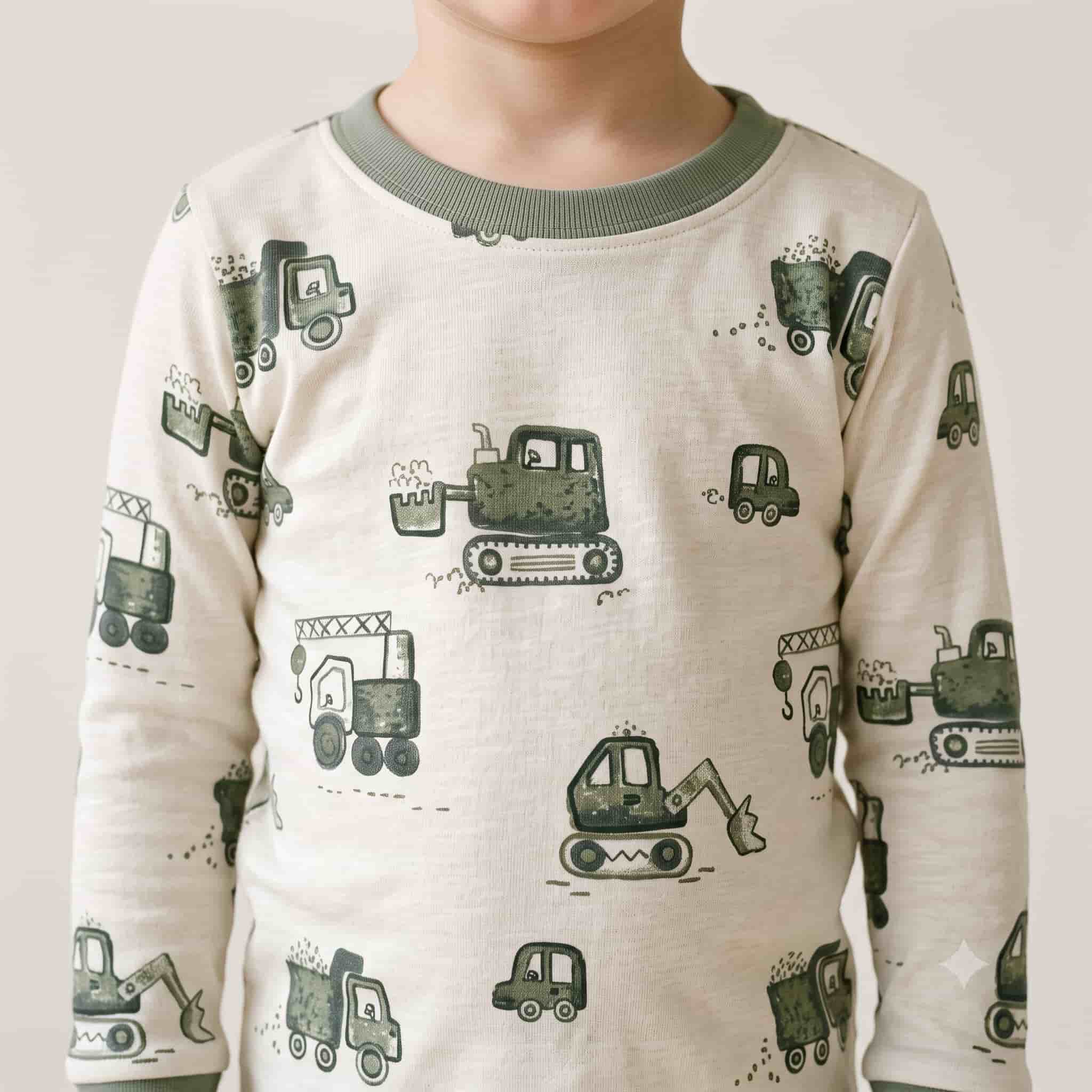 Construction Vehicles Boys Full Sleeves Pajama Set - Cream
