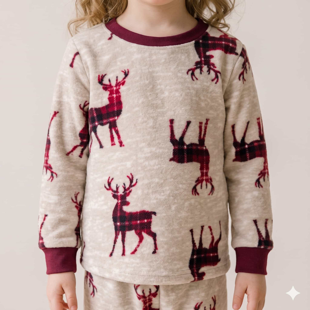 Plaid Stag Girls Winter Full Sleeves Pajama Set - Beige Melange