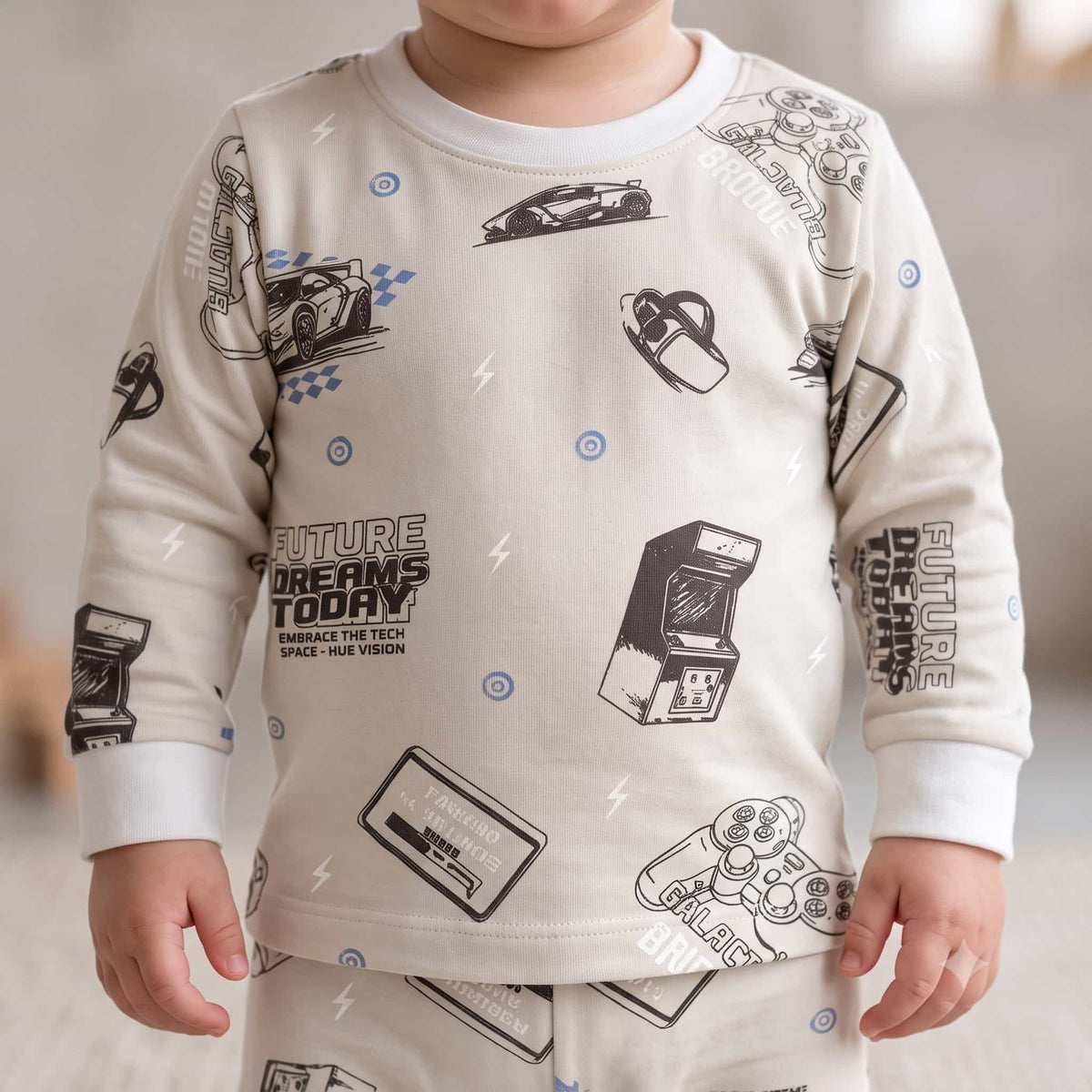 Tech Racer Baby Boys Full Sleeves Pajama Set – Cream