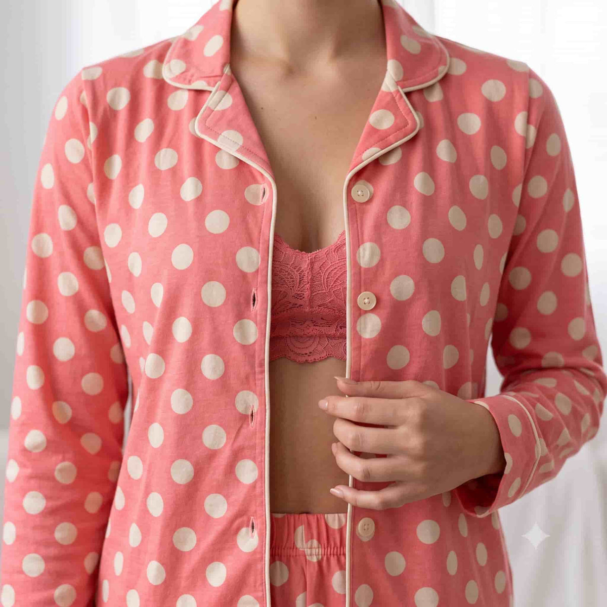 Polka Blush Women Full Sleeves Pajama Set - Pink