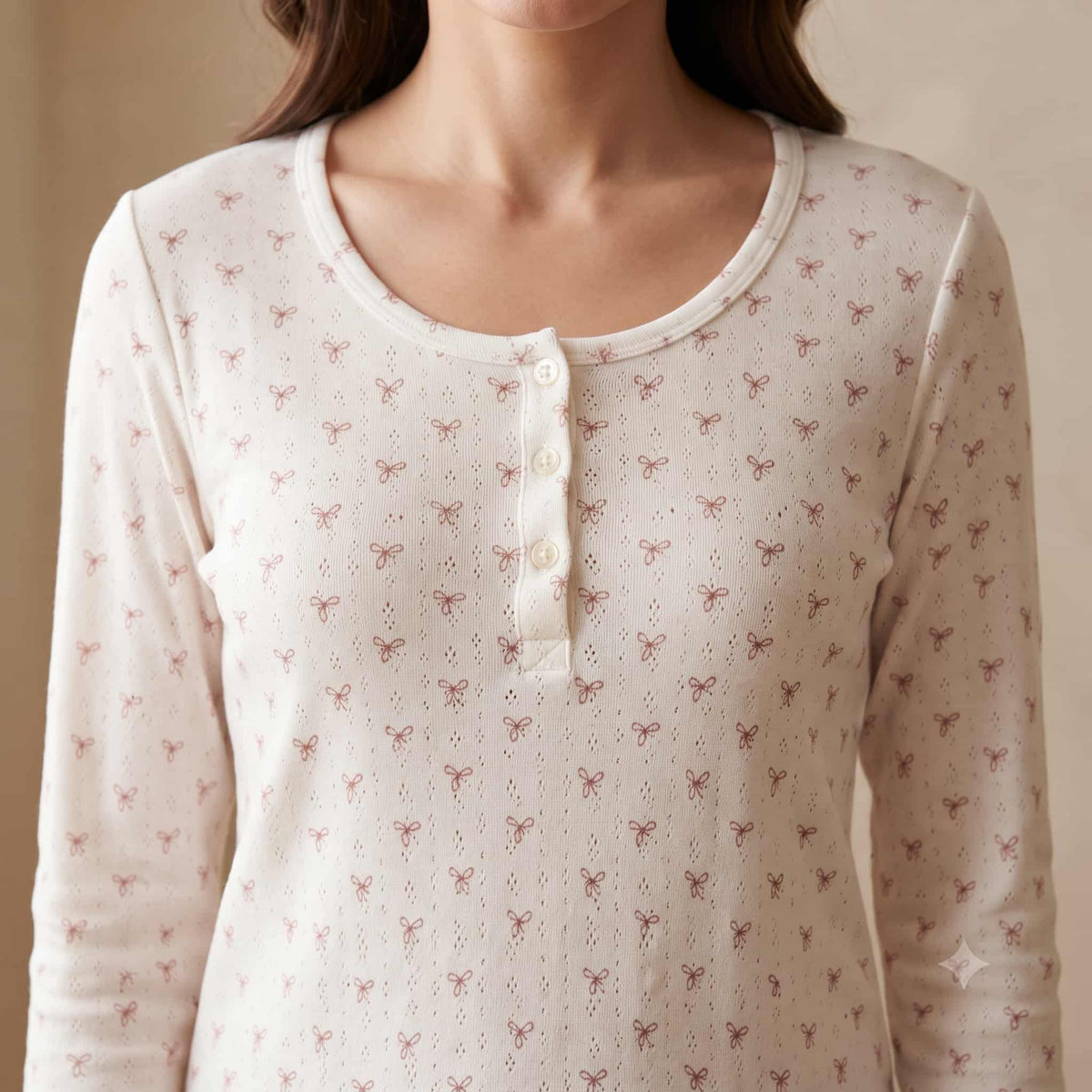 Bow Bliss Women Full Sleeves Pajama Set – Cream