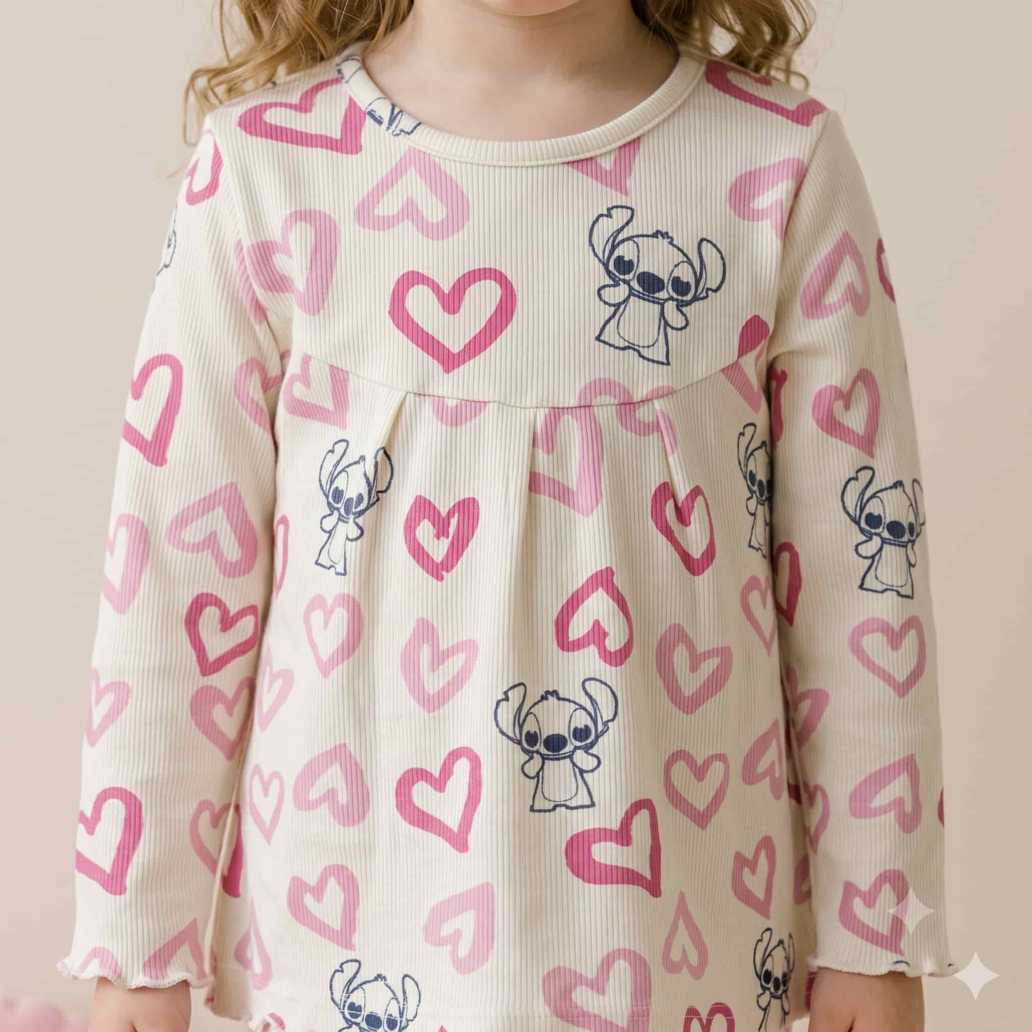 Stitch Love Girls Full Sleeves Pajama Set - Cream