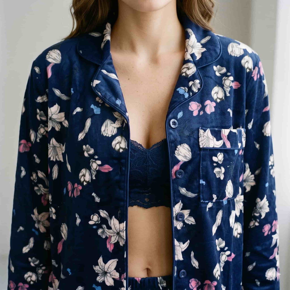 Midnight Petals Women Winter Full Sleeves Pajama Set - Navy Blue