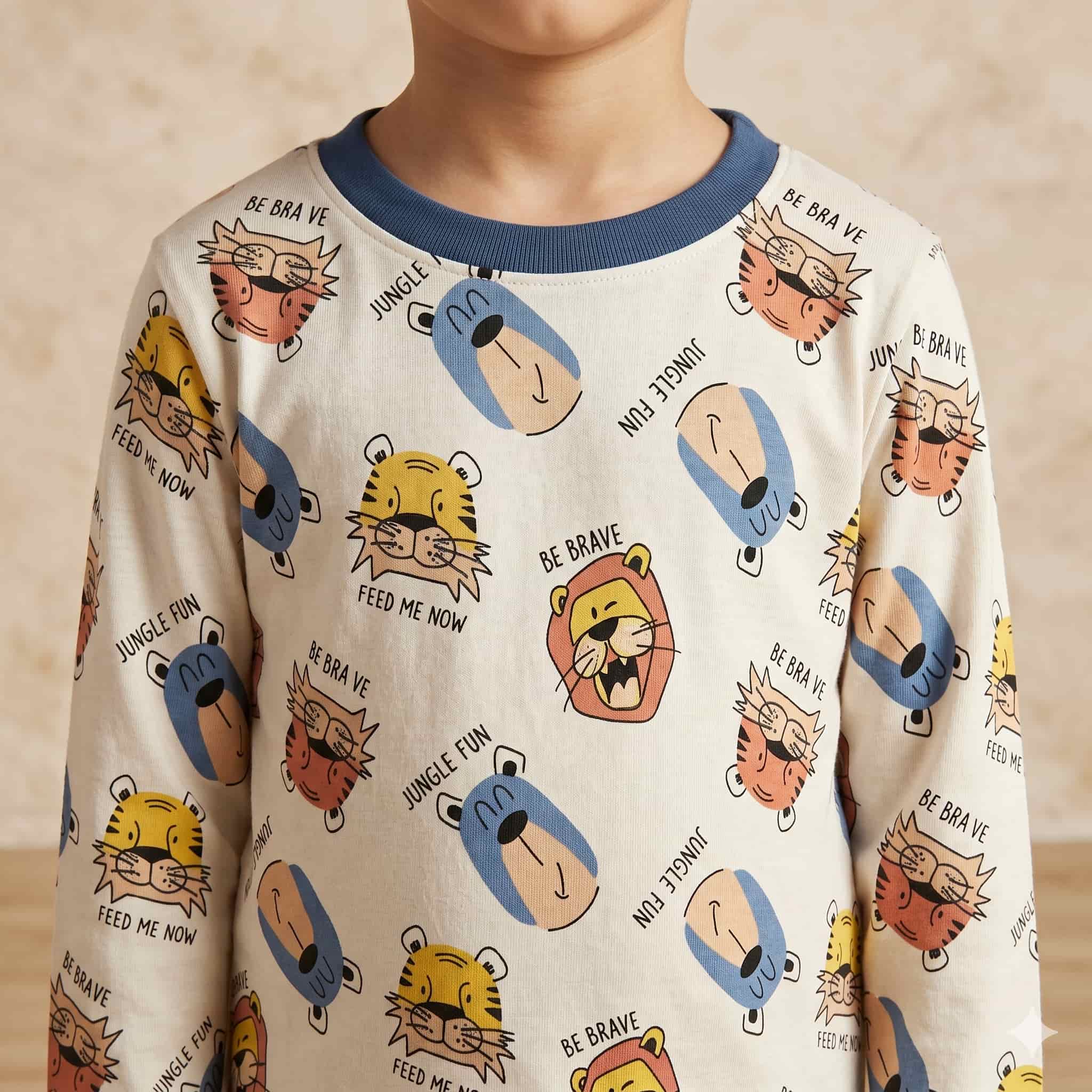 Wild Explorer Boys Full Sleeves Pajama Set - Cream
