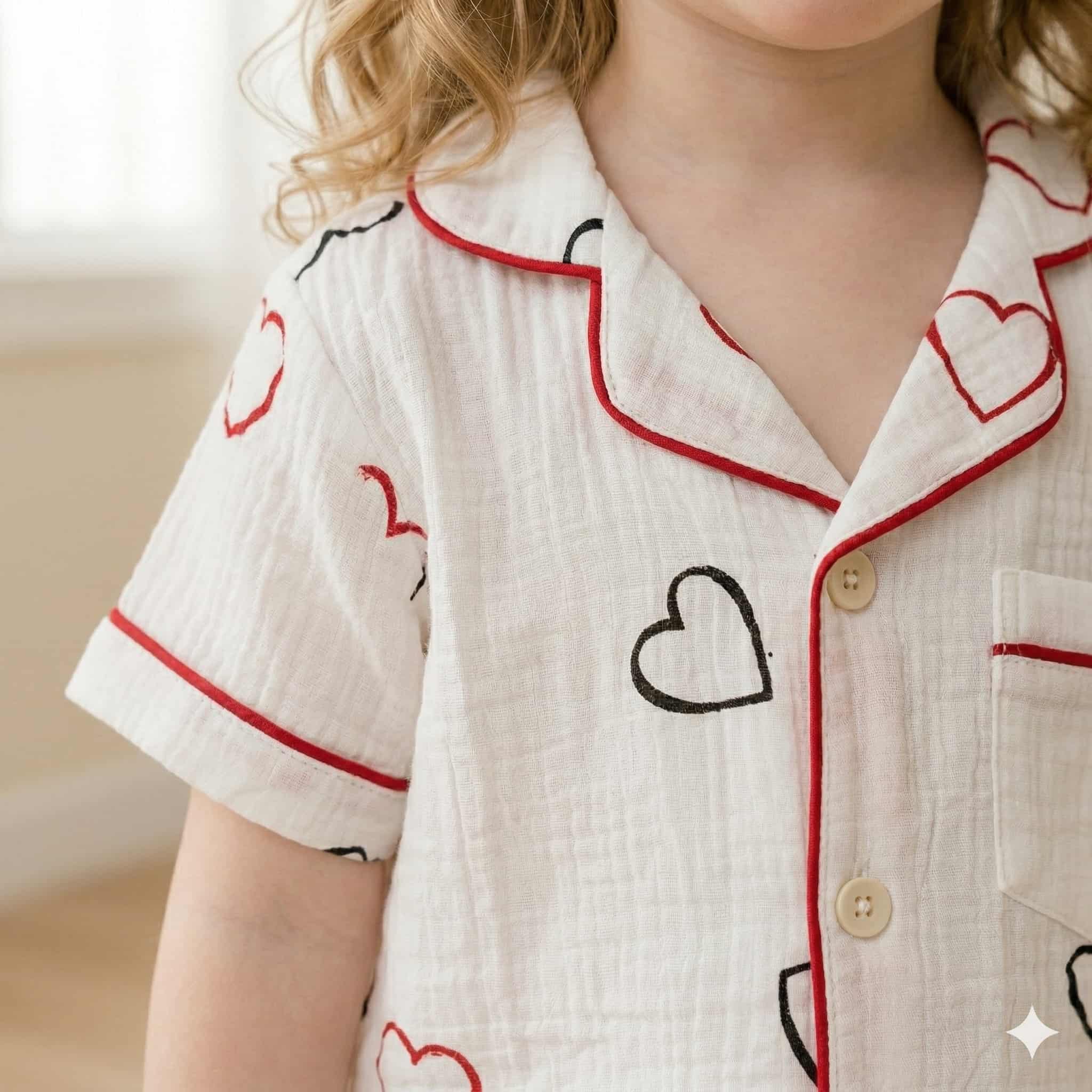 Cute Heart Girls Half Sleeves Pajama Set- White