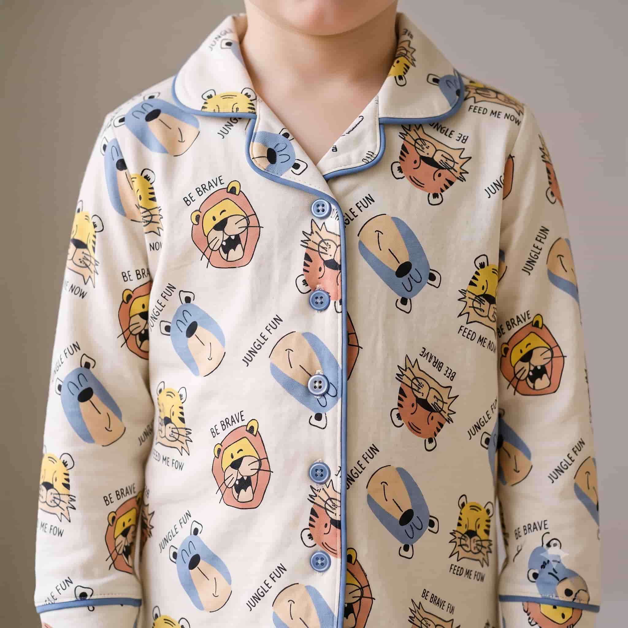 Jungle Safari Boys Full Sleeves Pajama Set - White