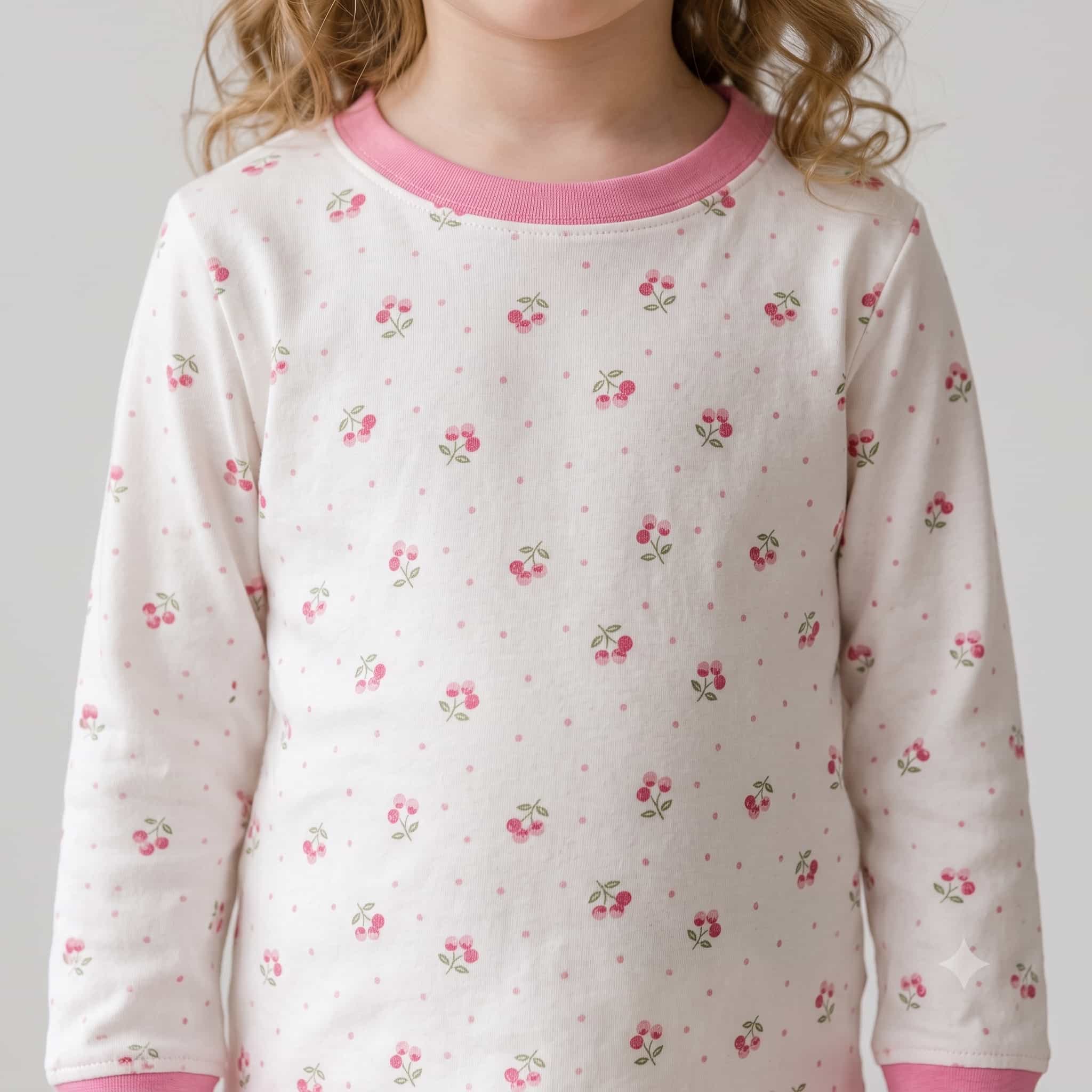 Cherry Charm Girls Full Sleeves Pajama Set - Cream