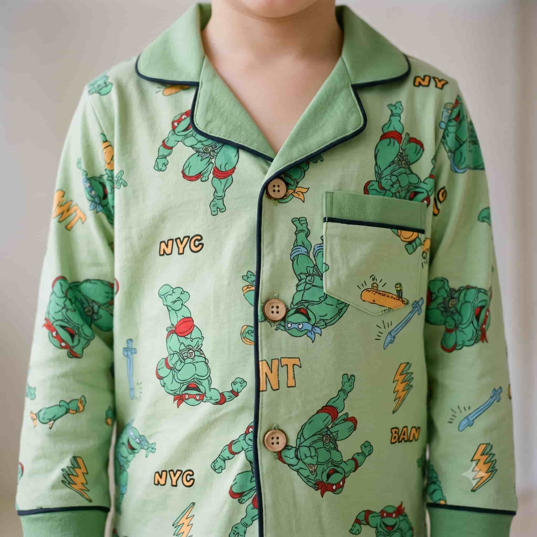 Turtle Force Boys Full Sleeves Pajama Set - Mint Green