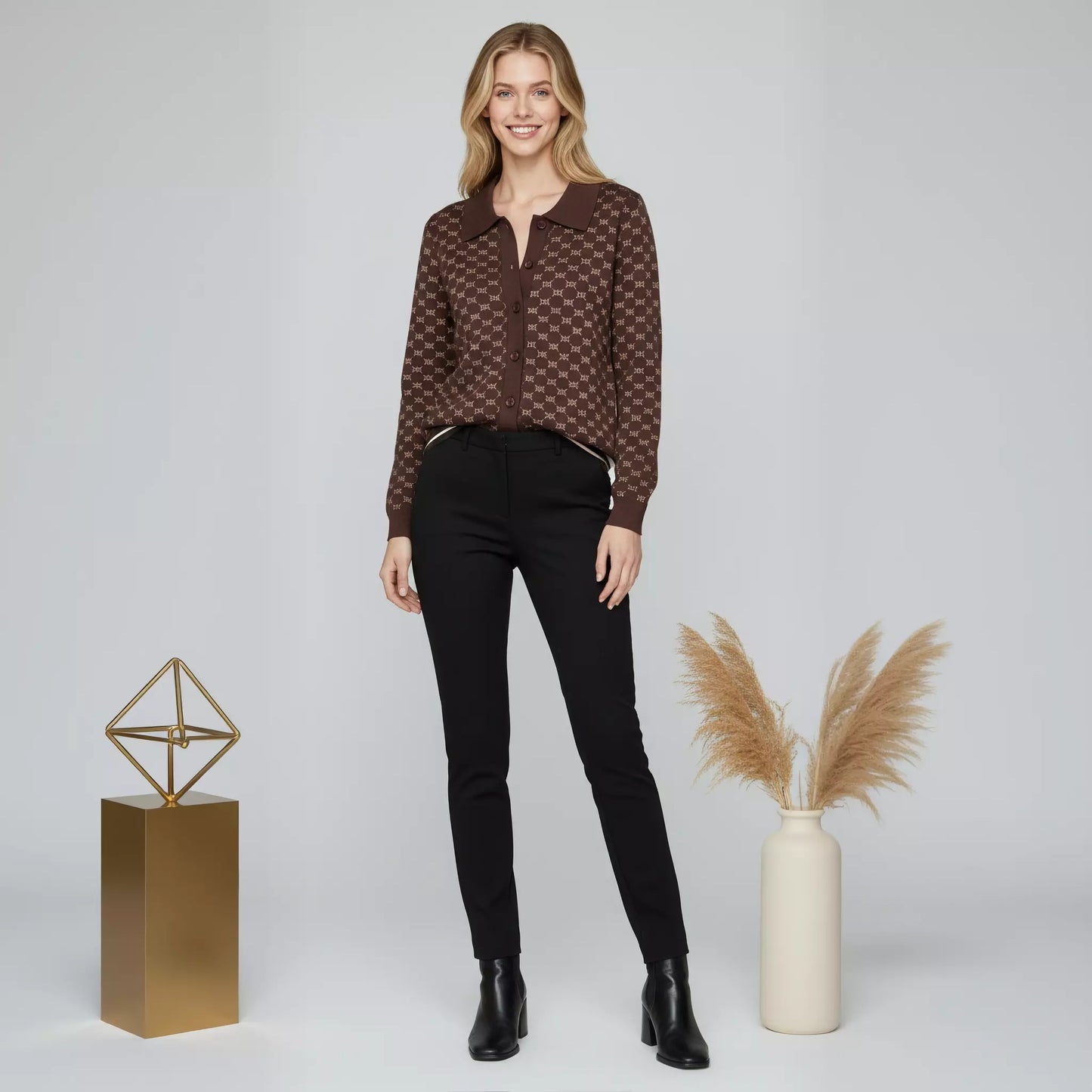 Collar Checks Women Sweater- Dark Brown