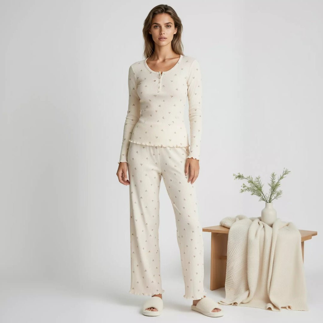 Orange Flower Women Pajama Set- Beige