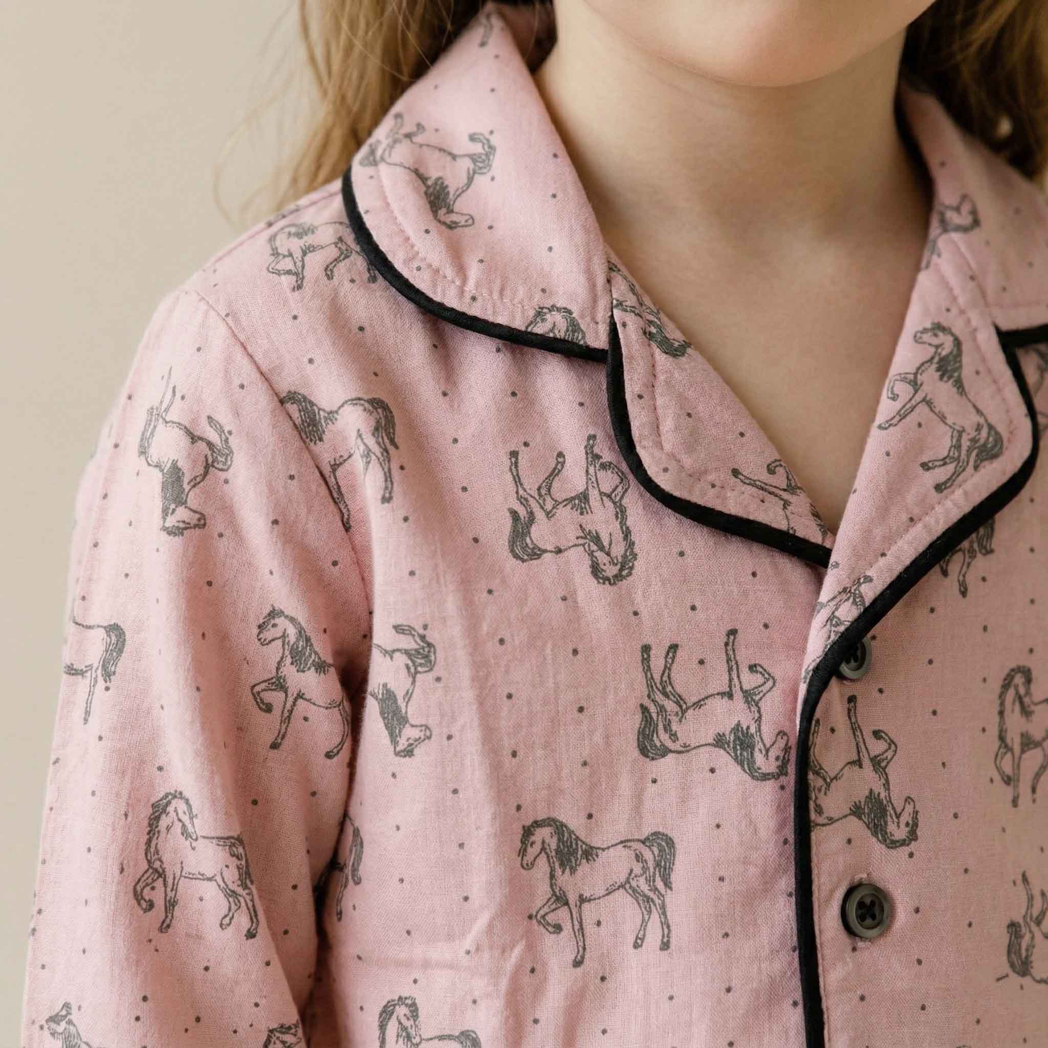 All-over horse print Girls Full Sleeves Button Pajama Set - Pink