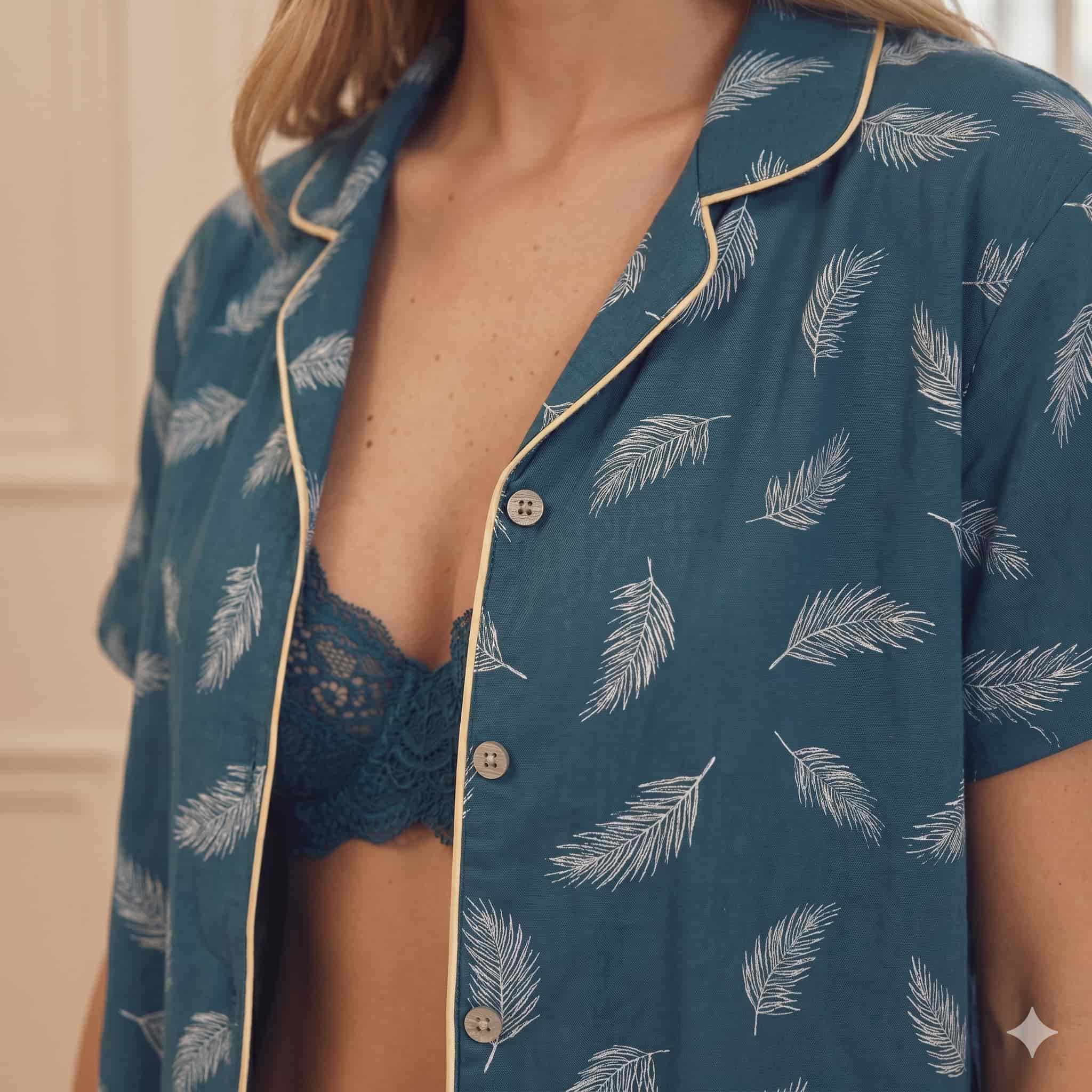 Teal Feather Cotton Women Half Sleeves Pajama Set - Blue