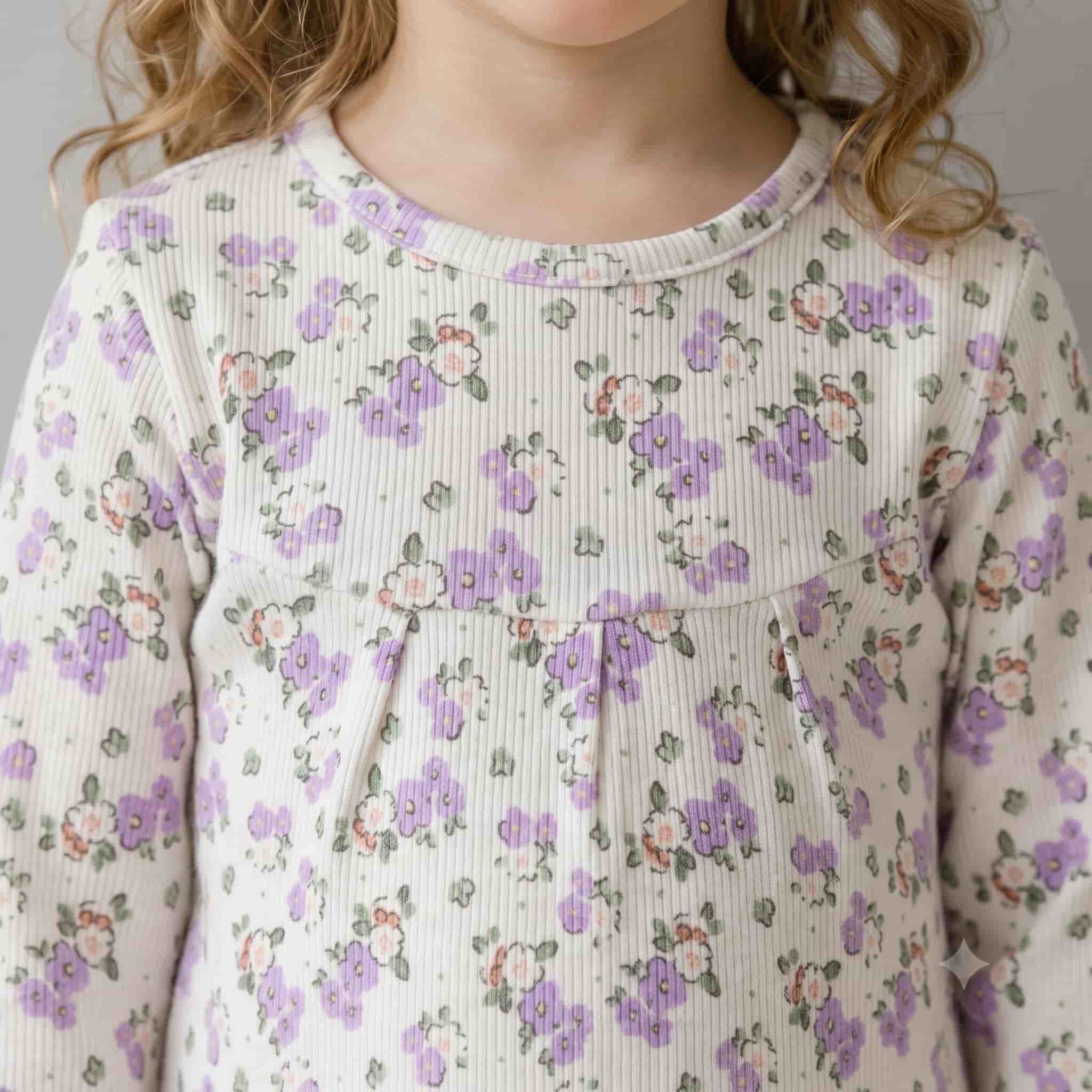 Lavender Bloom Girls Full Sleeves Pajama Set - Cream