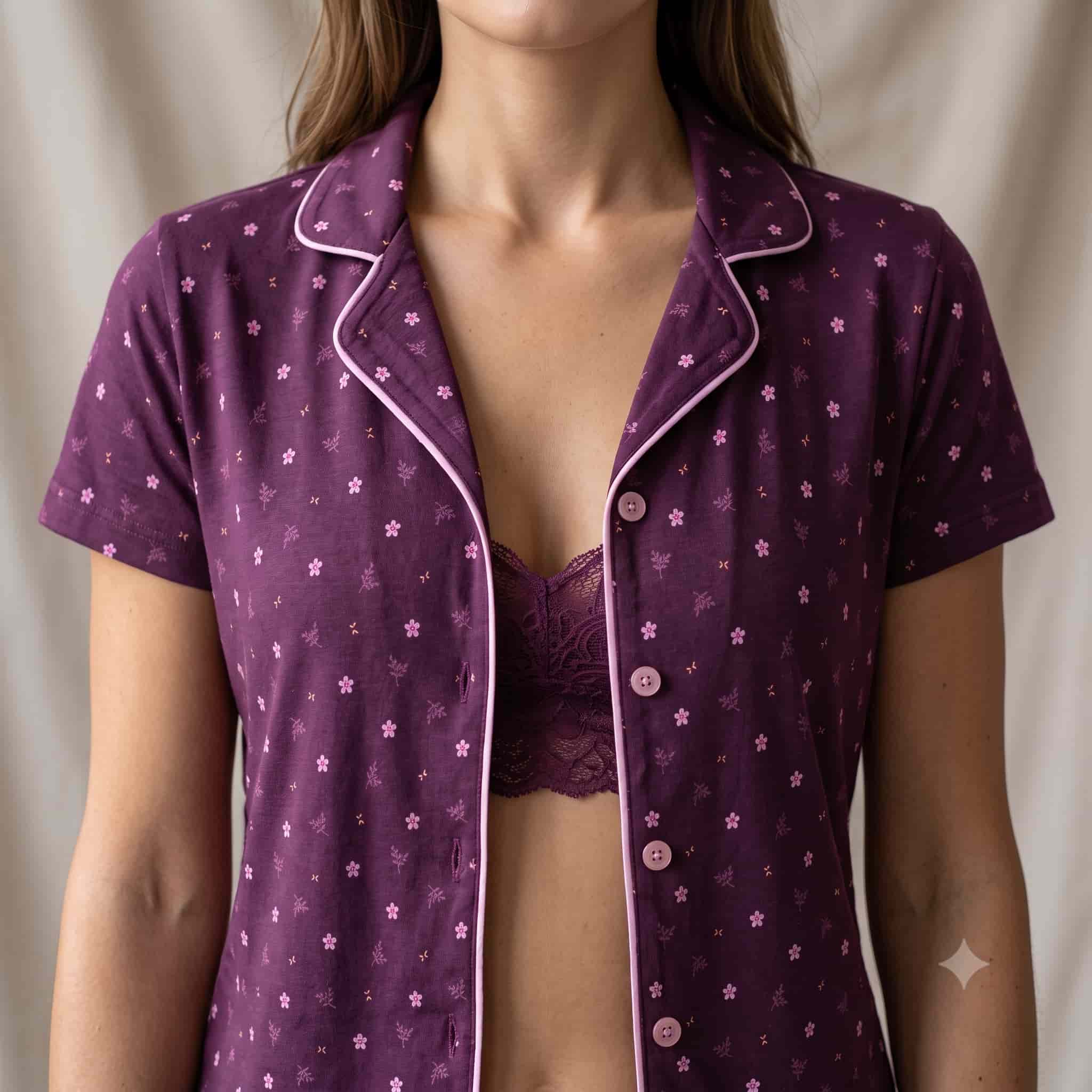 Plum Blossom Women Half Sleeves Pajama Set - Purple