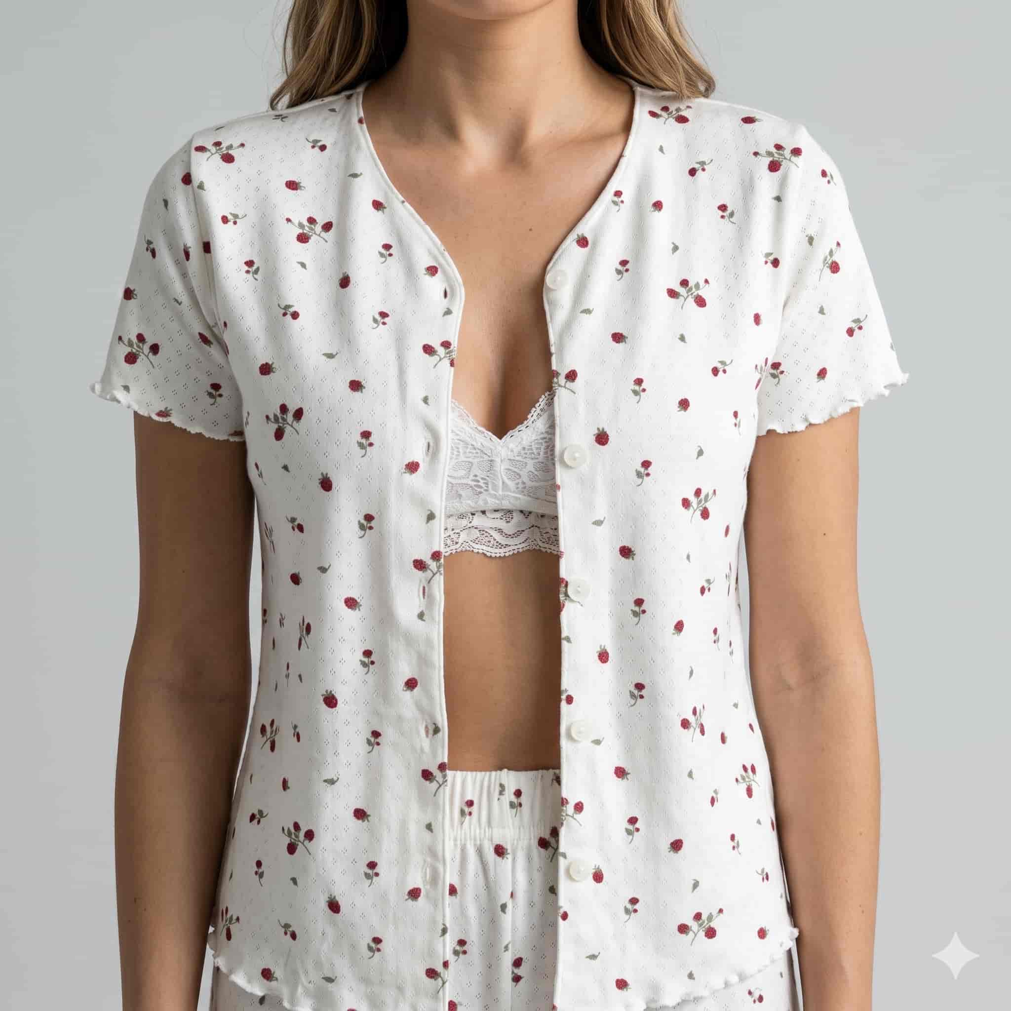 Cherry Bloom Women Half Sleeves Pajama Set – White