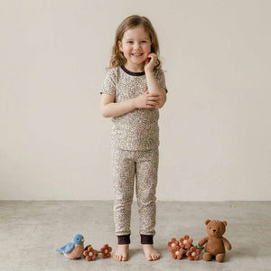 Delicate Spring Florals Girls Short Sleeves Pajama Set - Cream & Brown