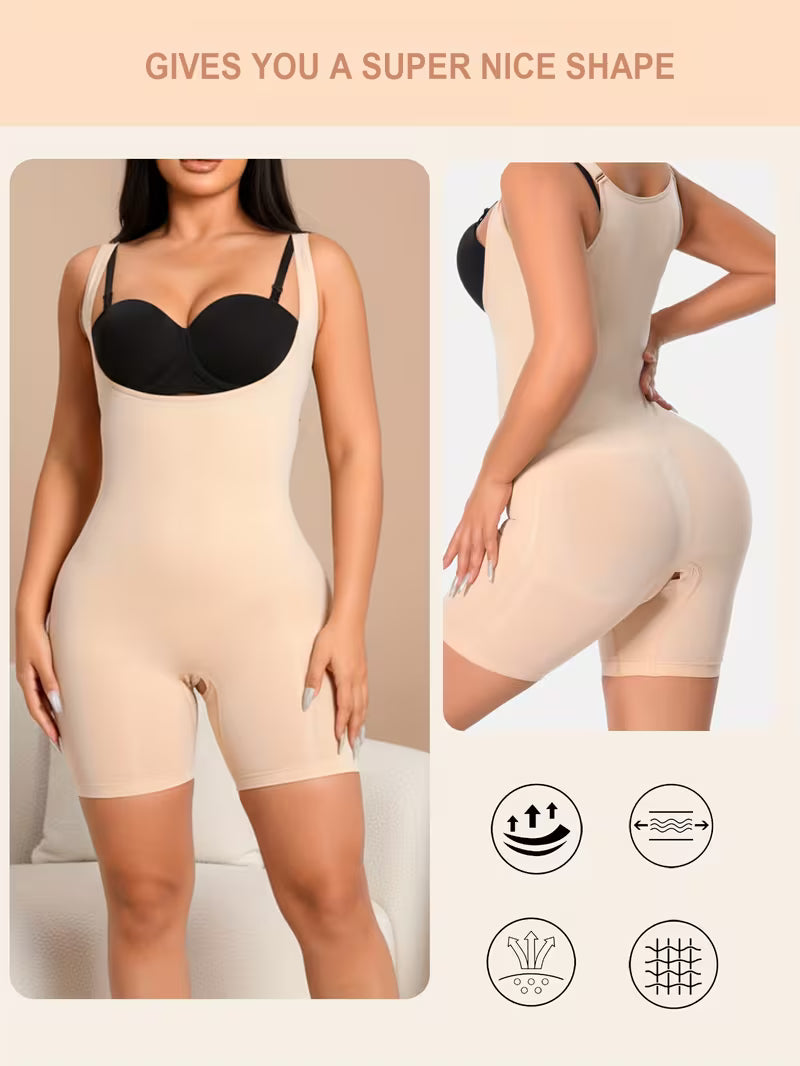 Open-Bust Waist Trainer Vest Women Bodysuit Shapewear- Biege