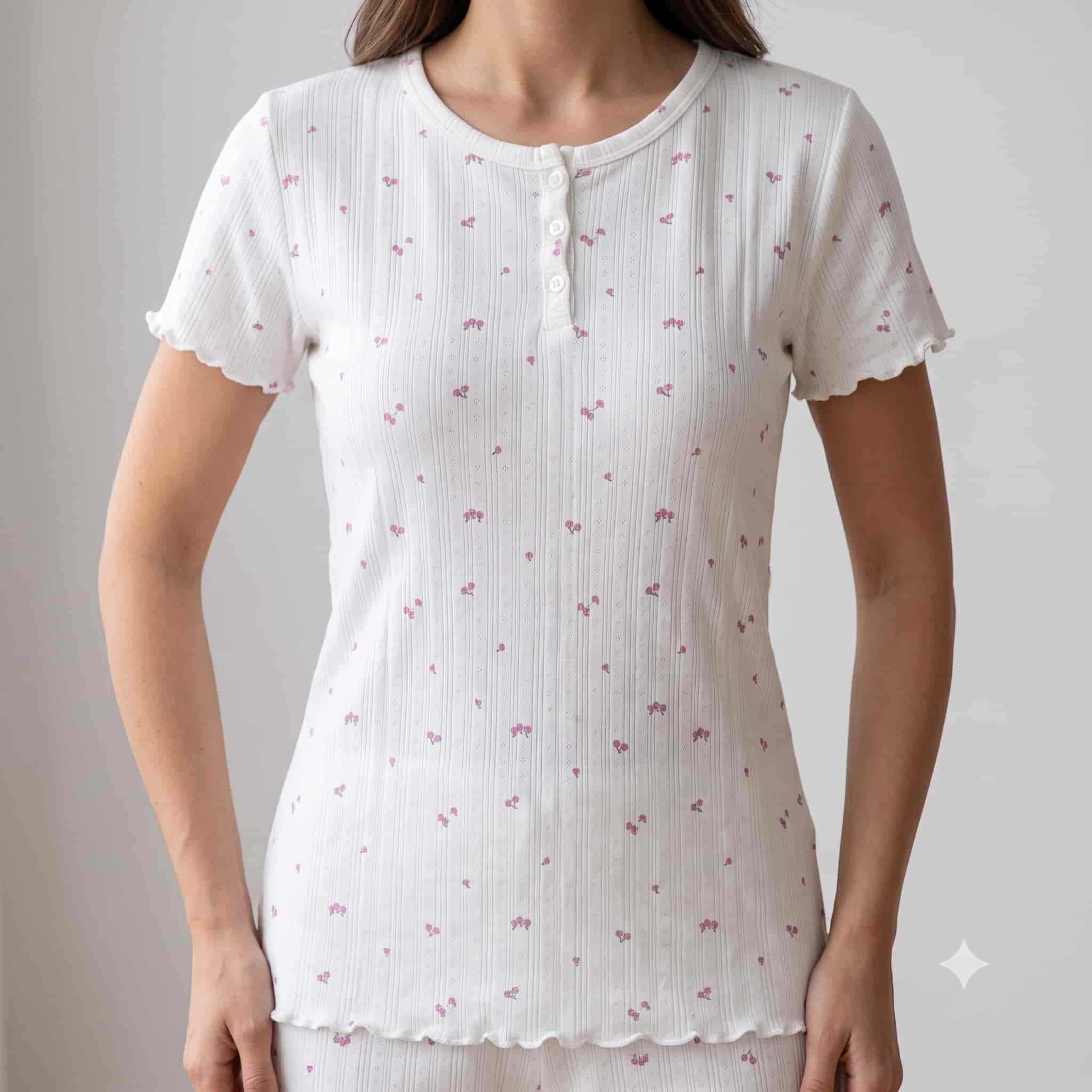 Cherry Bliss Women Half Sleeves Pajama Set - White