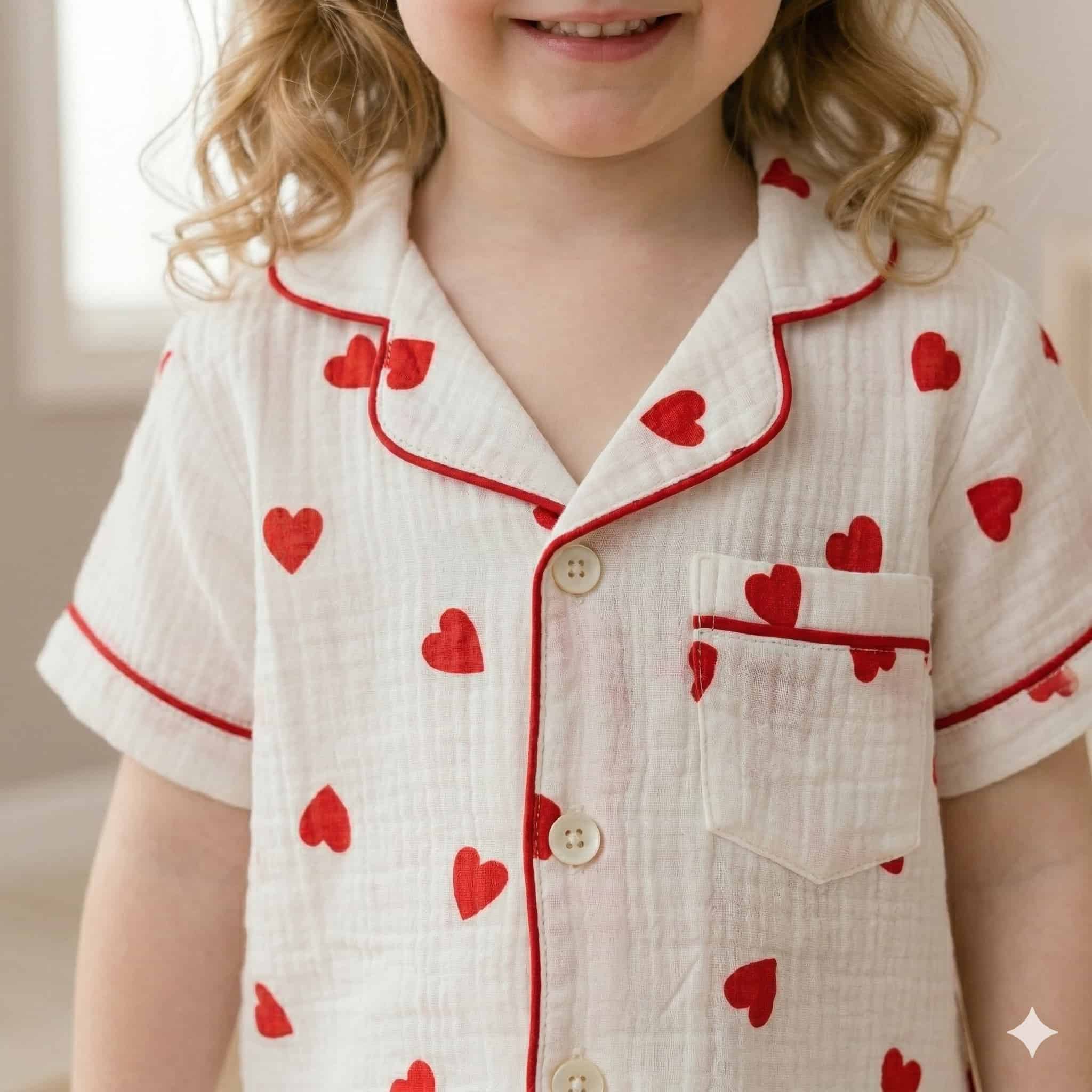 Red Heart Girls Half Sleeves Pajama Set- White
