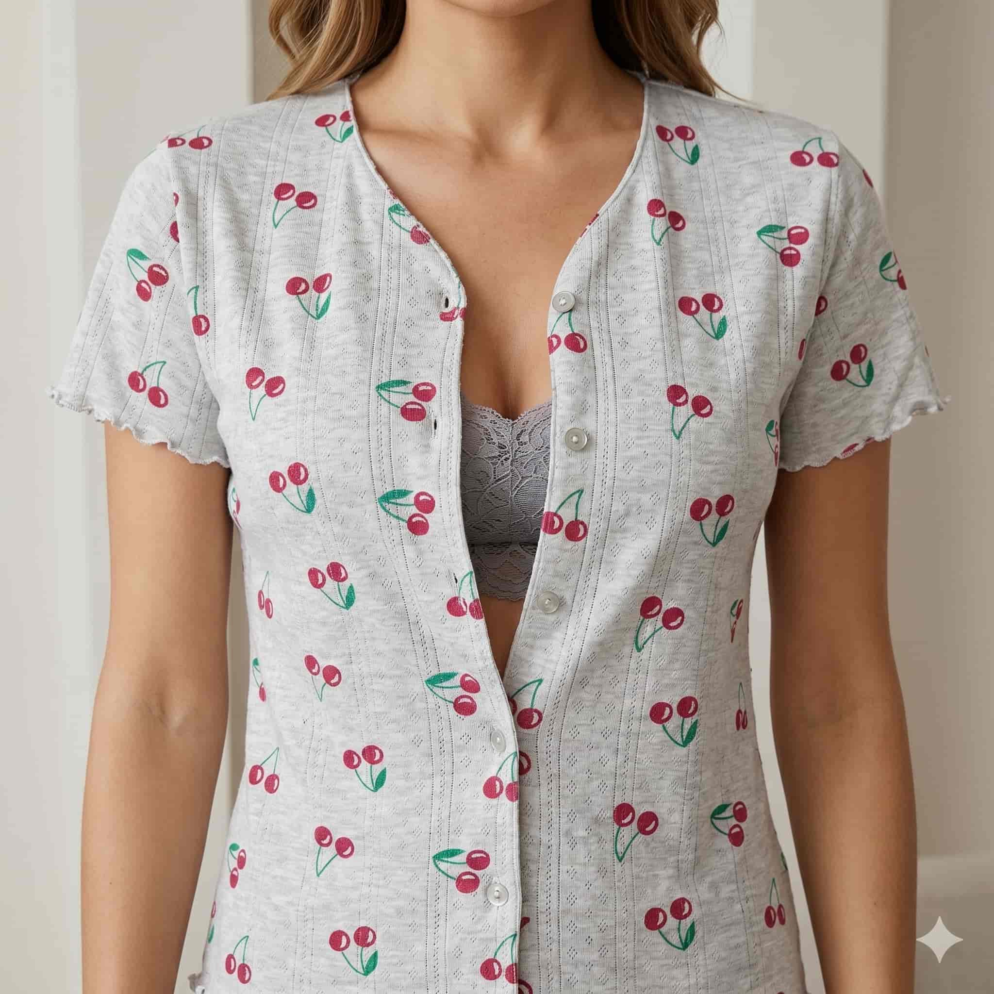 Cherry Bliss Women Half Sleeves Pajama Set – Grey Melange