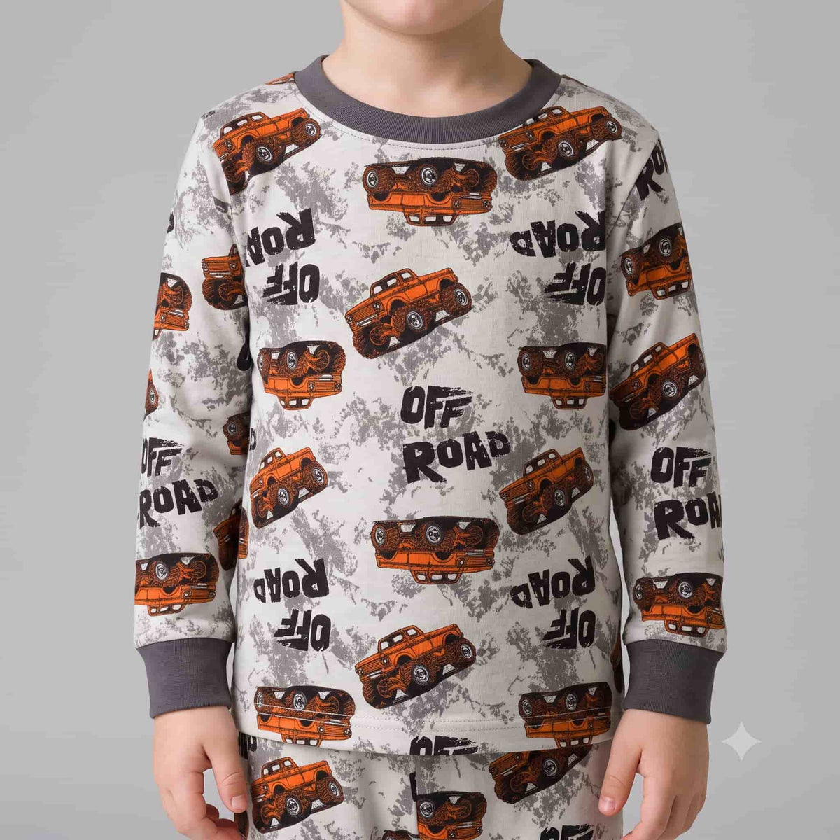 Off Road Boys Full Sleeves Pajama Set - Light Grey