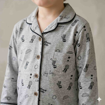 Happy Vibes Full sleeves Boys Button Pajama Set