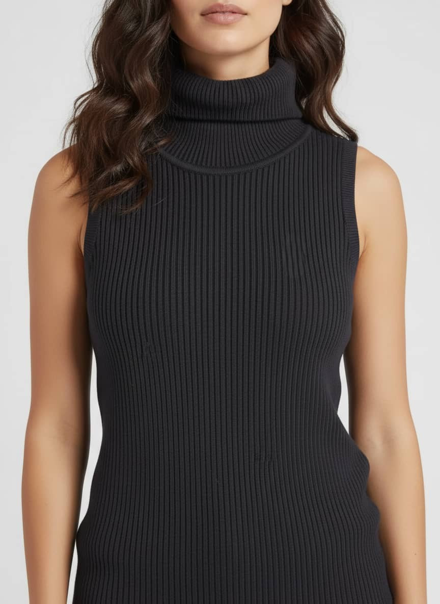 Turtle Neck Women Sleeveless Sweater-Black