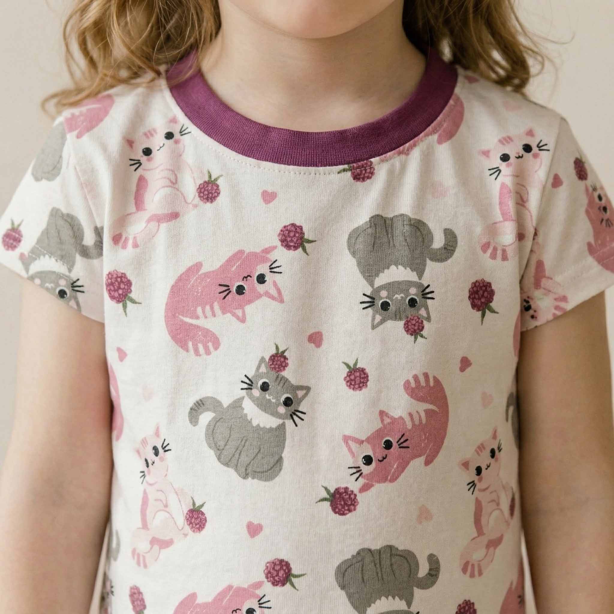 Cute Cat Girls Short Sleeves Pajama Set - Cream & Purple