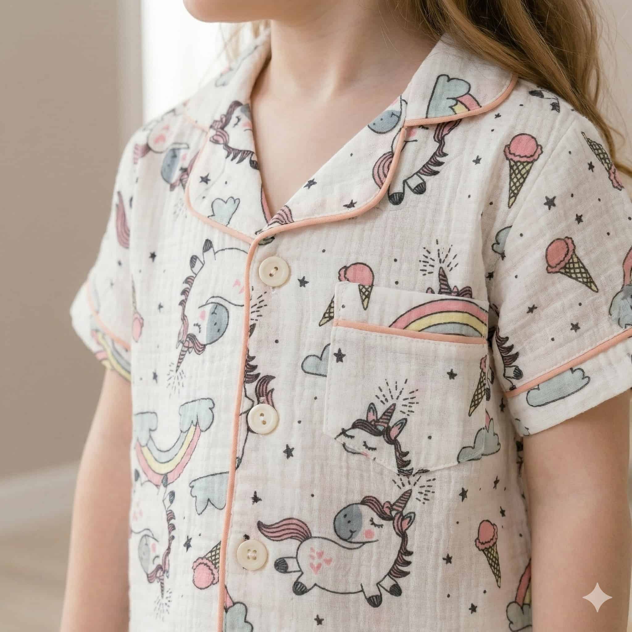 Rainbow Unicorn Girls Half Sleeves Pajama Set- White