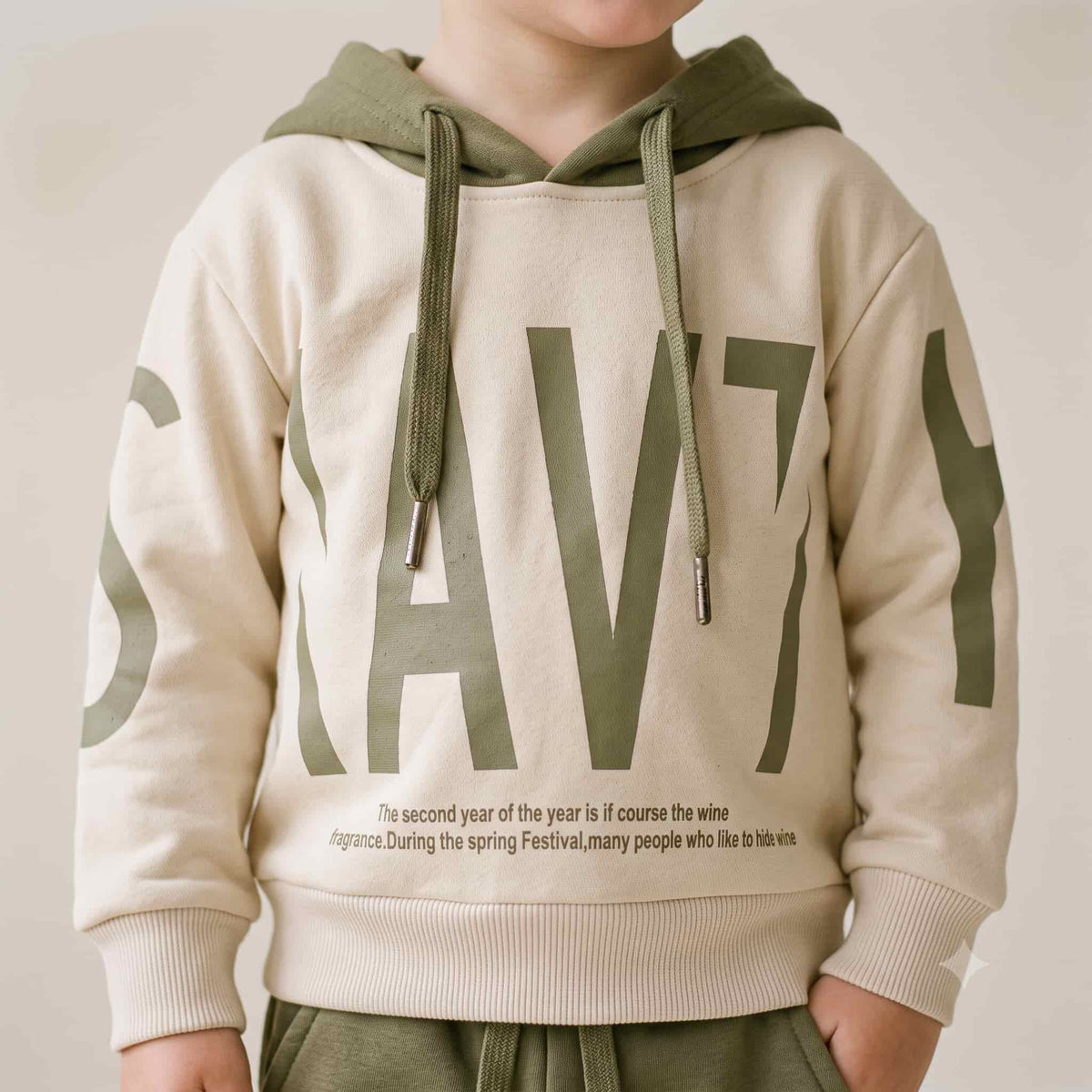 Olive Drift Boys Winter Full Sleeves Pajama Set – Cream & Olive Green