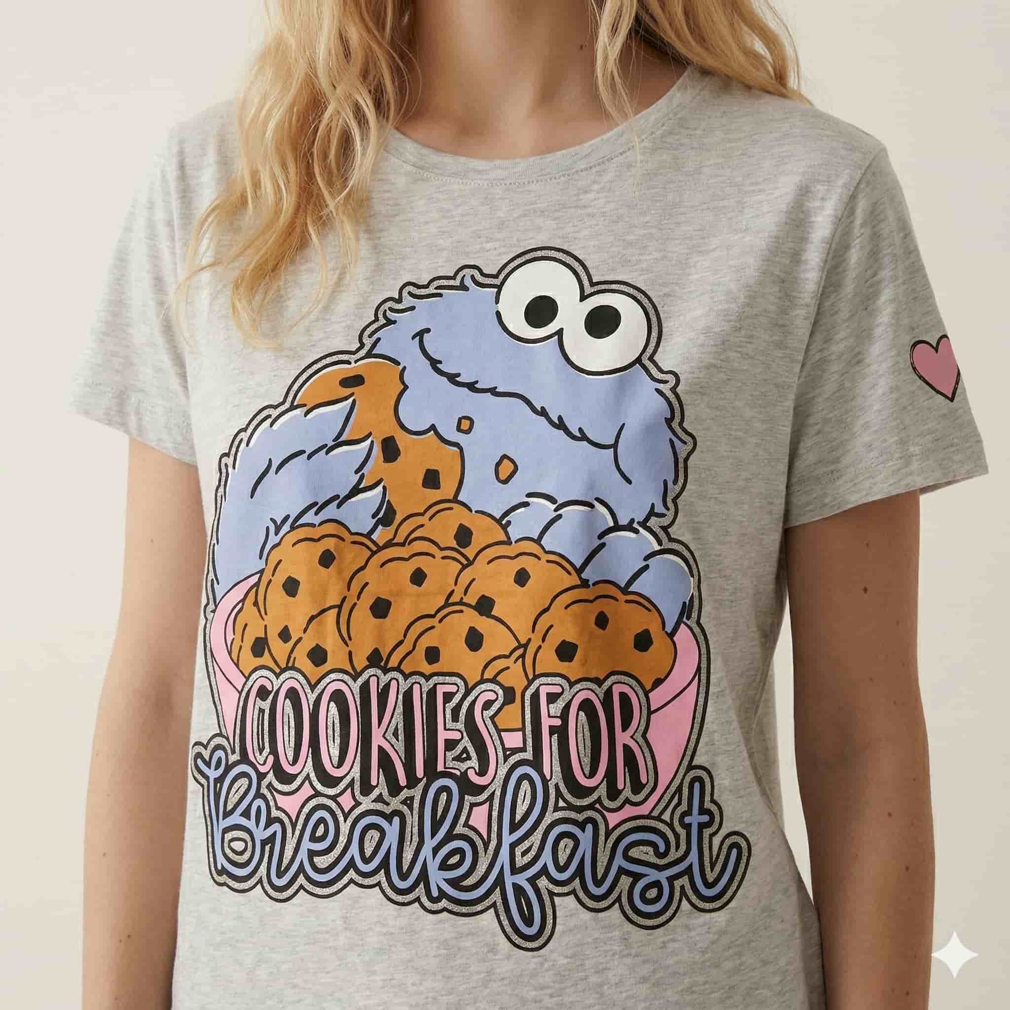طقم بيجامة نسائي بطبعة Cookie Monster - رمادي