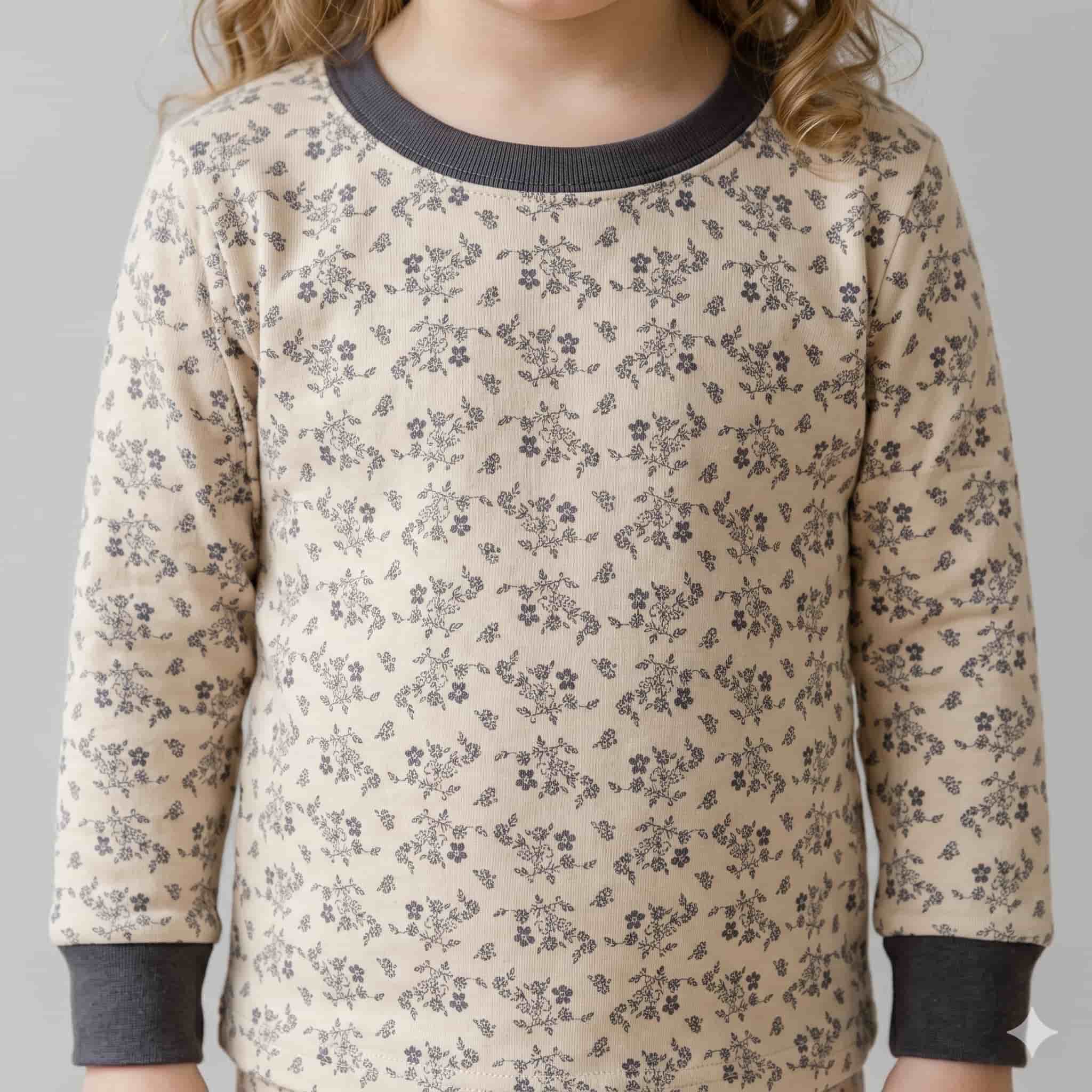 Vintage Blossom Girls Full Sleeves Pajama Set - Beige