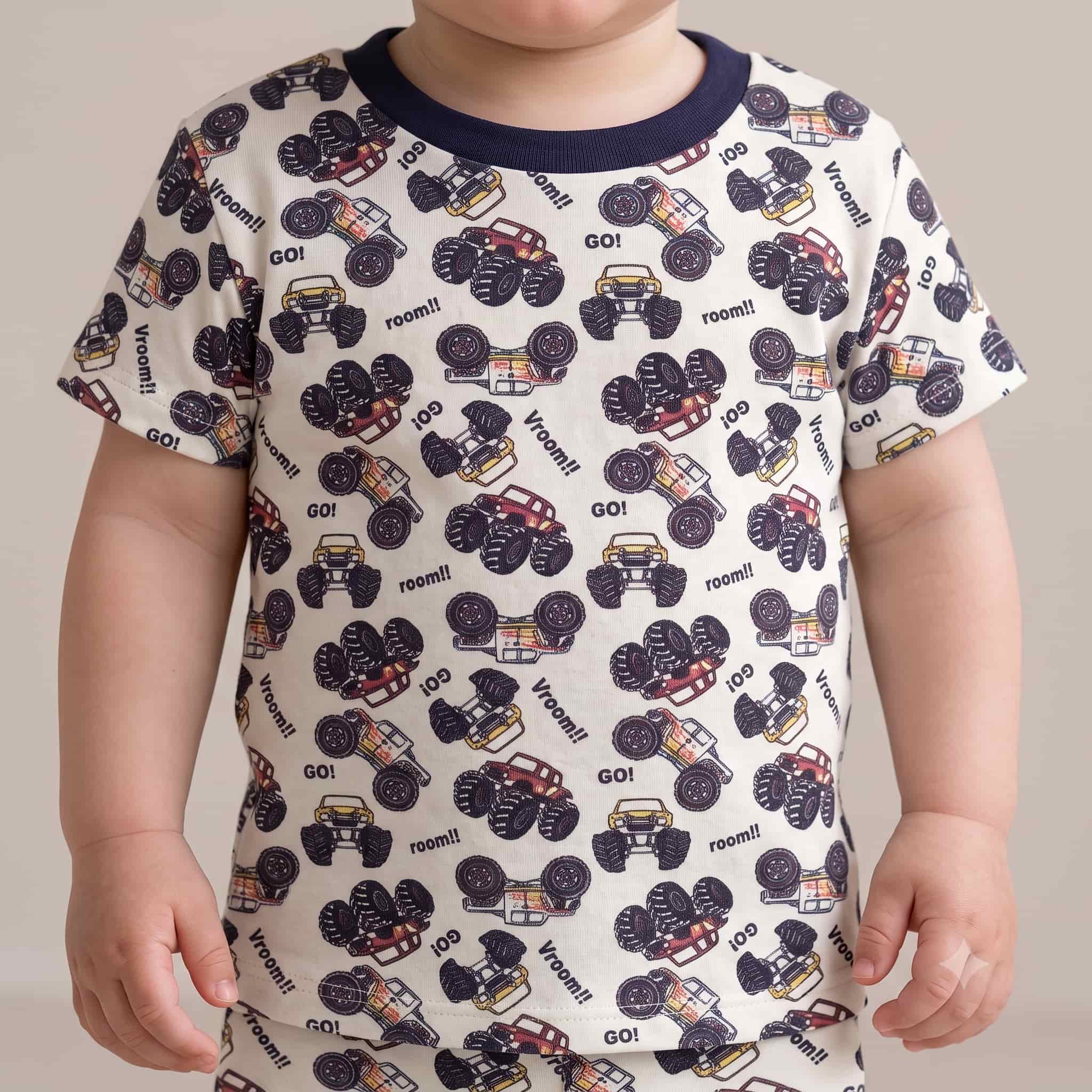 Monster Truck Baby Boys Half Sleeves Pajama Set - Cream