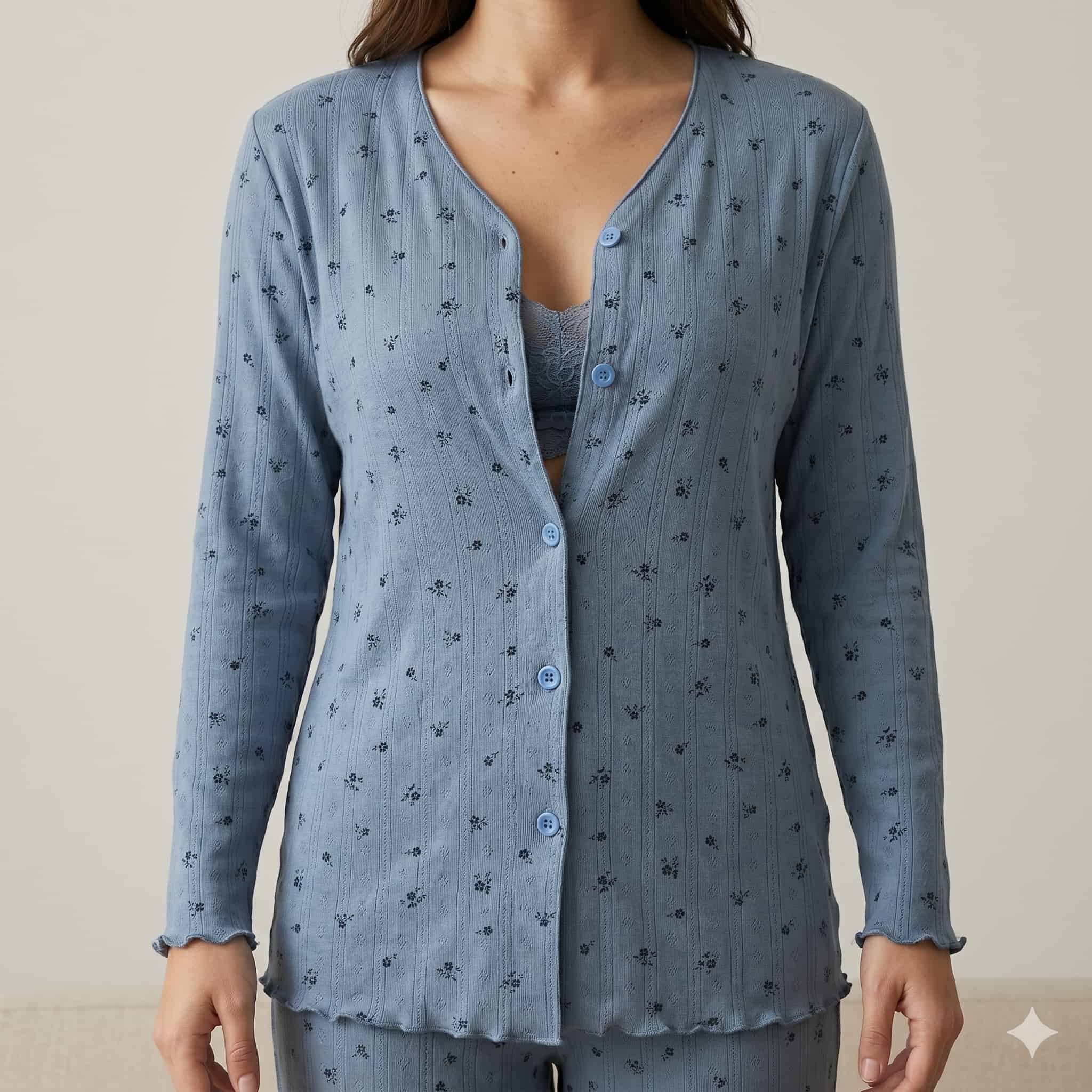Twilight Bloom Women Full Sleeves Pajama Set - Slate Blue