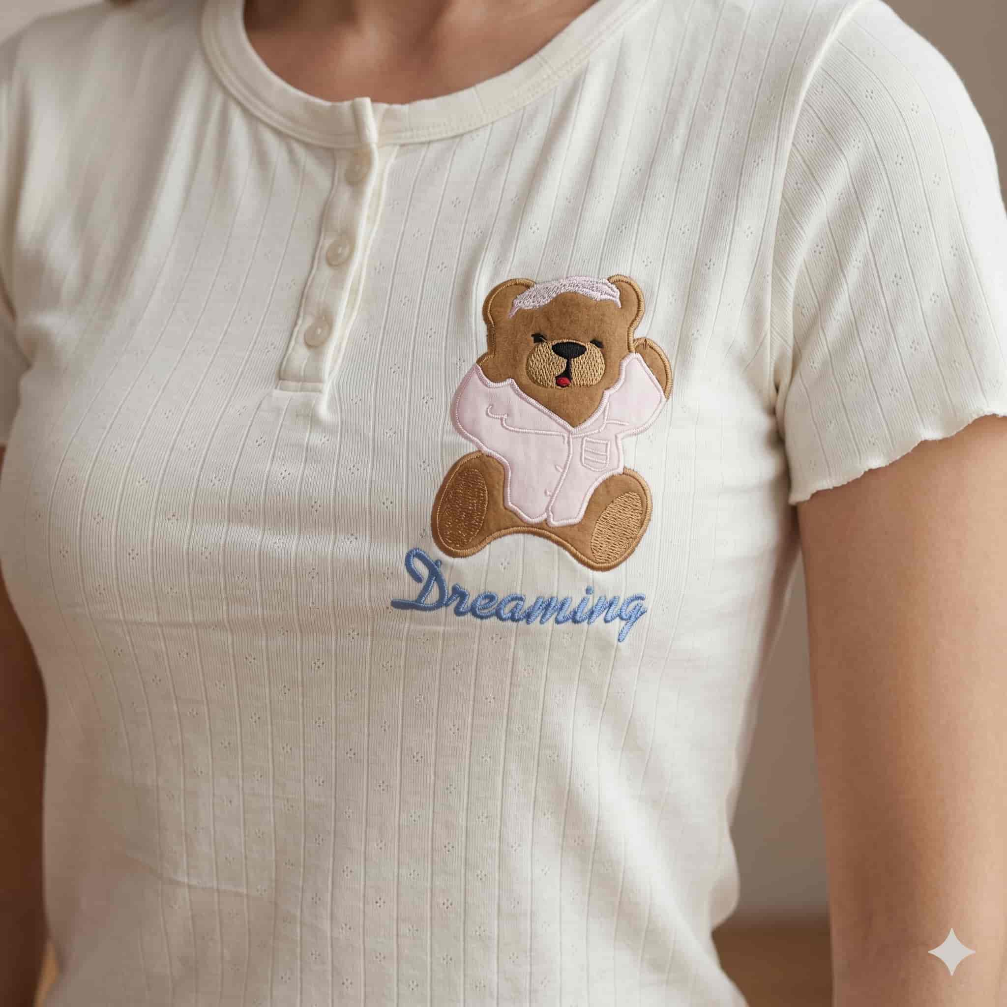 Dreamy Teddy Women Half Sleeves Pajama Set – Cream