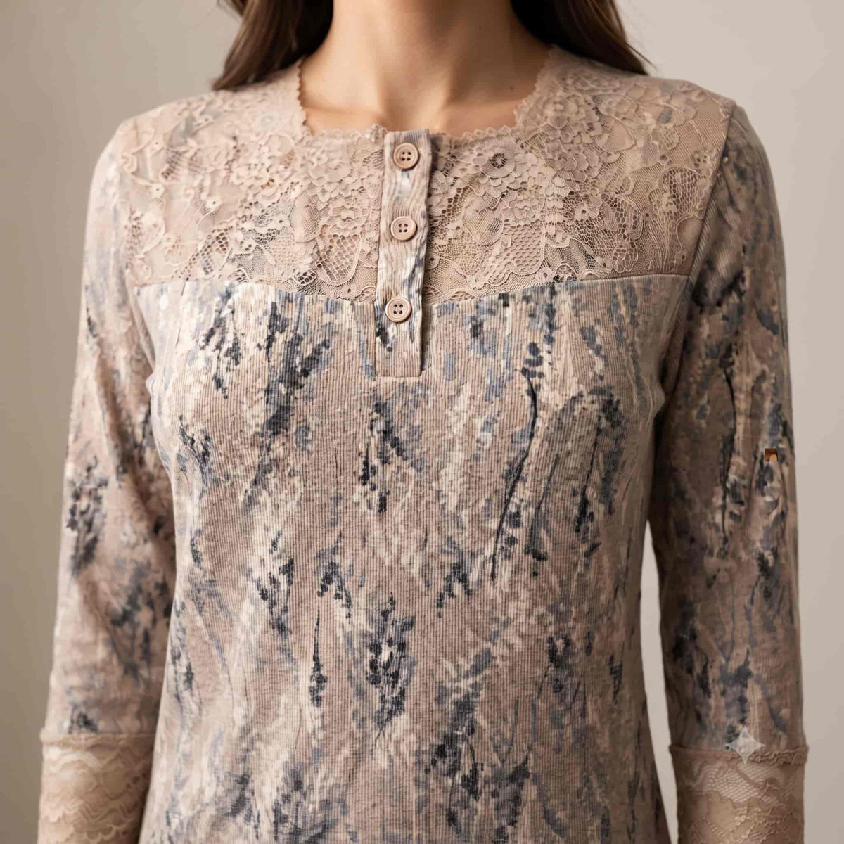 Lace Harmony Women Winter Full Sleeves Pajama Set – Beige Grey