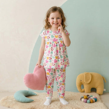 Love Heart Girls Short Sleeves Pajama Set - White