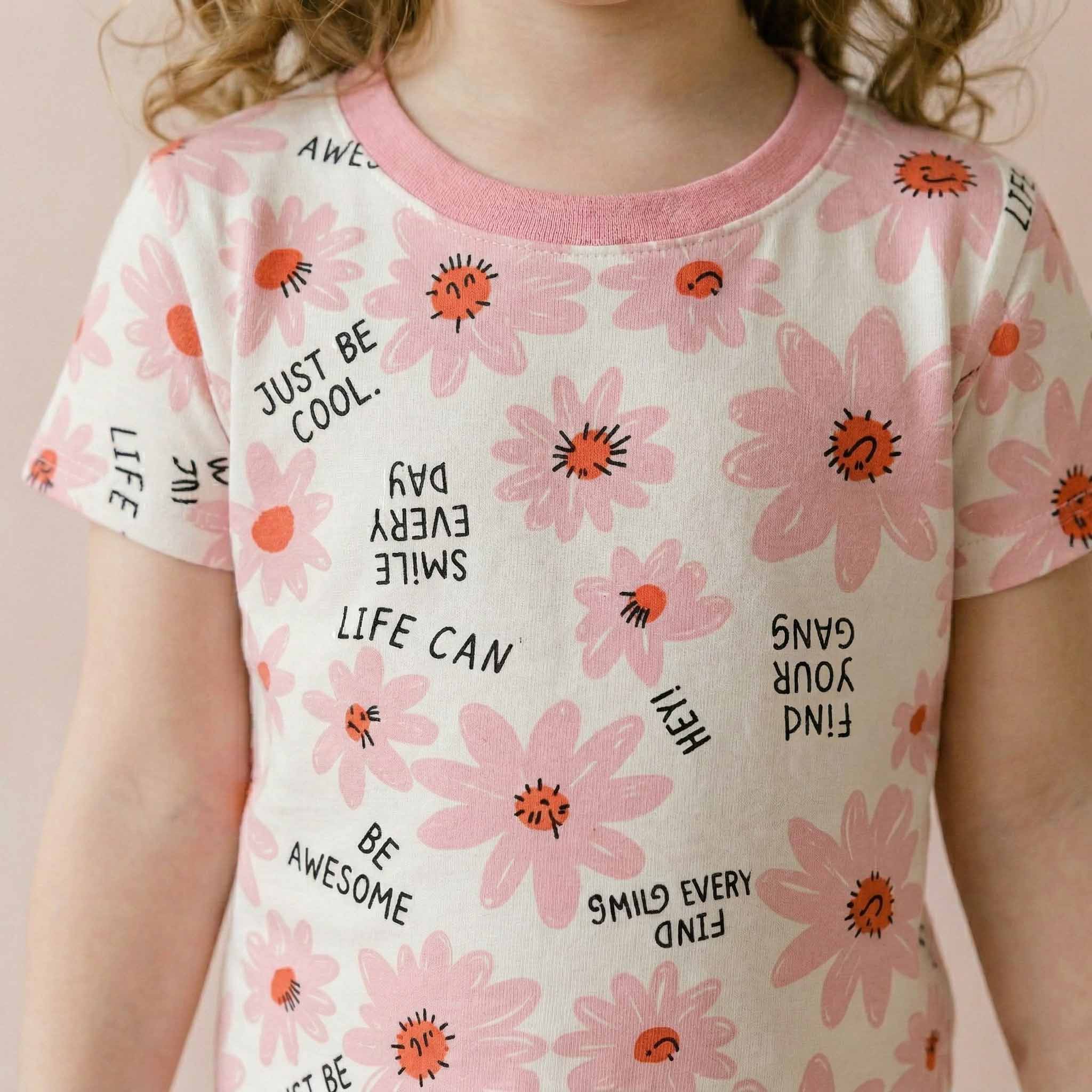 Daisy Girls Short Sleeves Pajama Set - White & Pink
