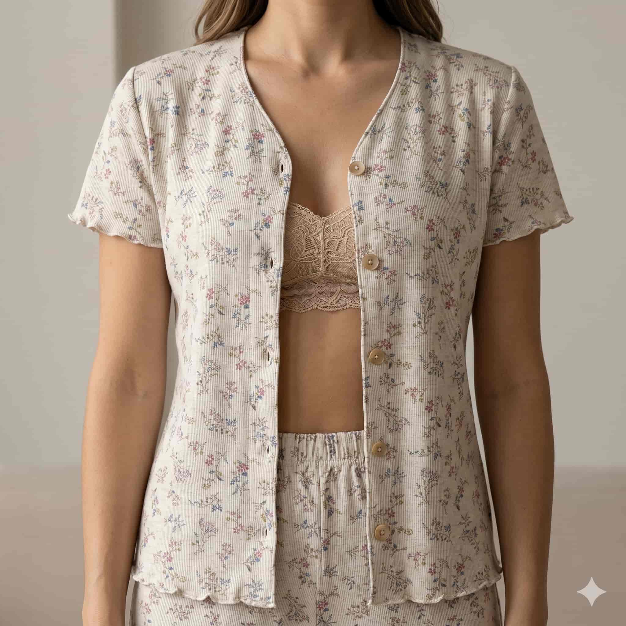 Meadow Bloom Women Half Sleeves Pajama Set – Beige