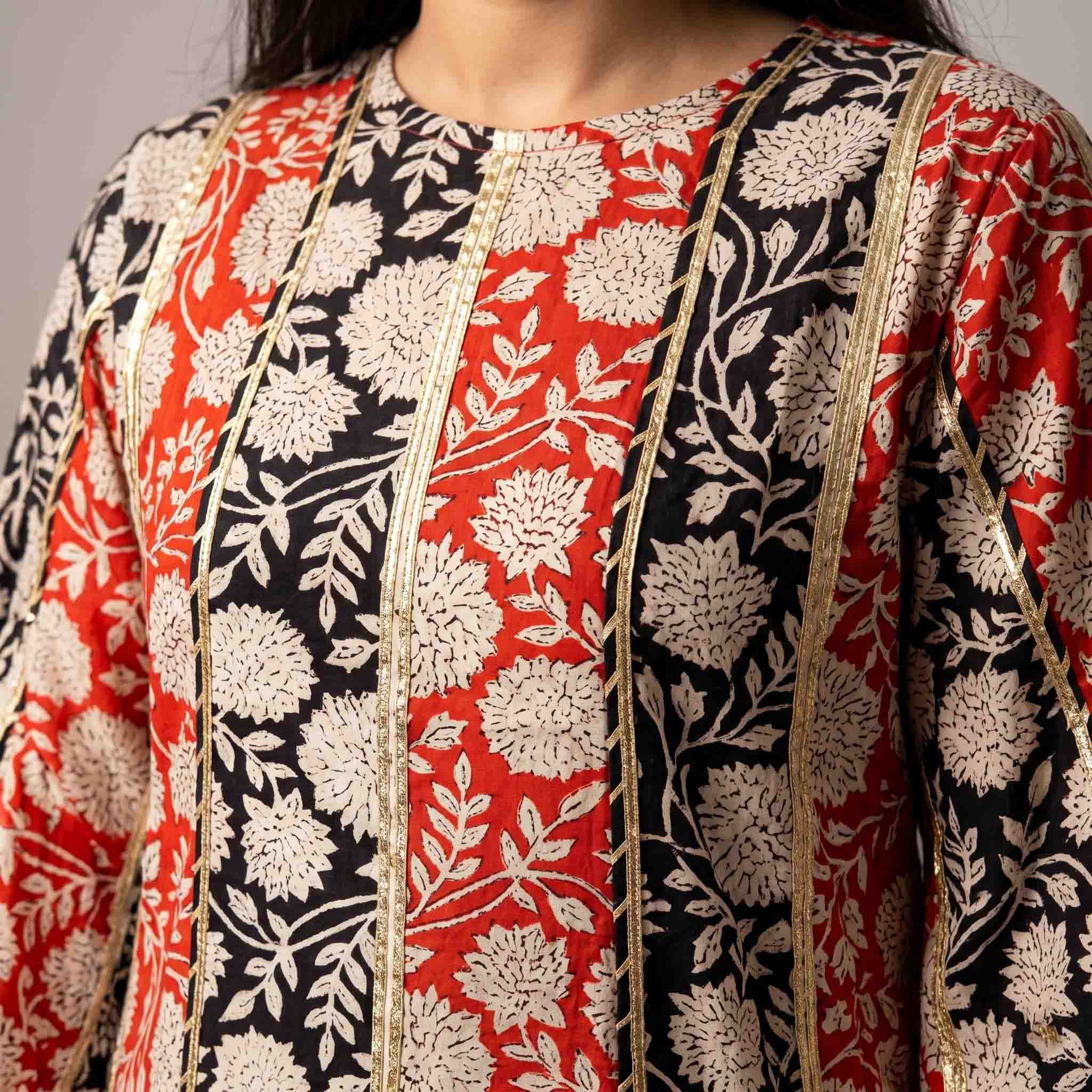 Ethnic Floral Panel Print Women Darra - Red & Black