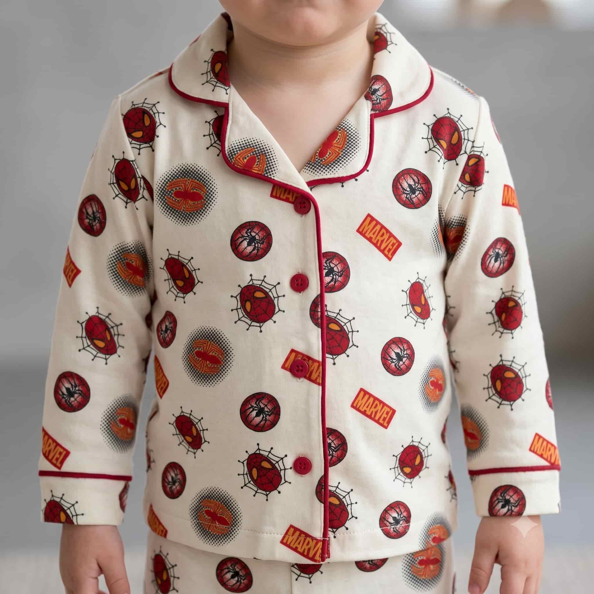 Spider Man Baby Boys Full Sleeves Pajama Set - Off-White