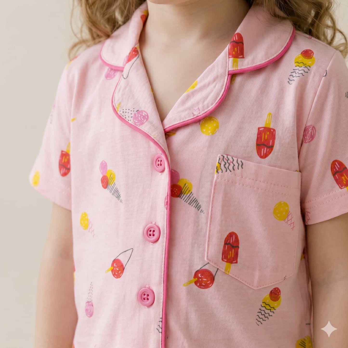 Sweet Treats Half sleeves Girls Button Pajama Set - Pink